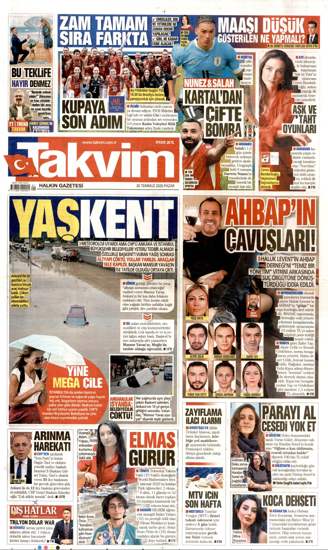 TAKVİM gazetesinin 26 Temmuz 2026 tarihli birinci sayfası