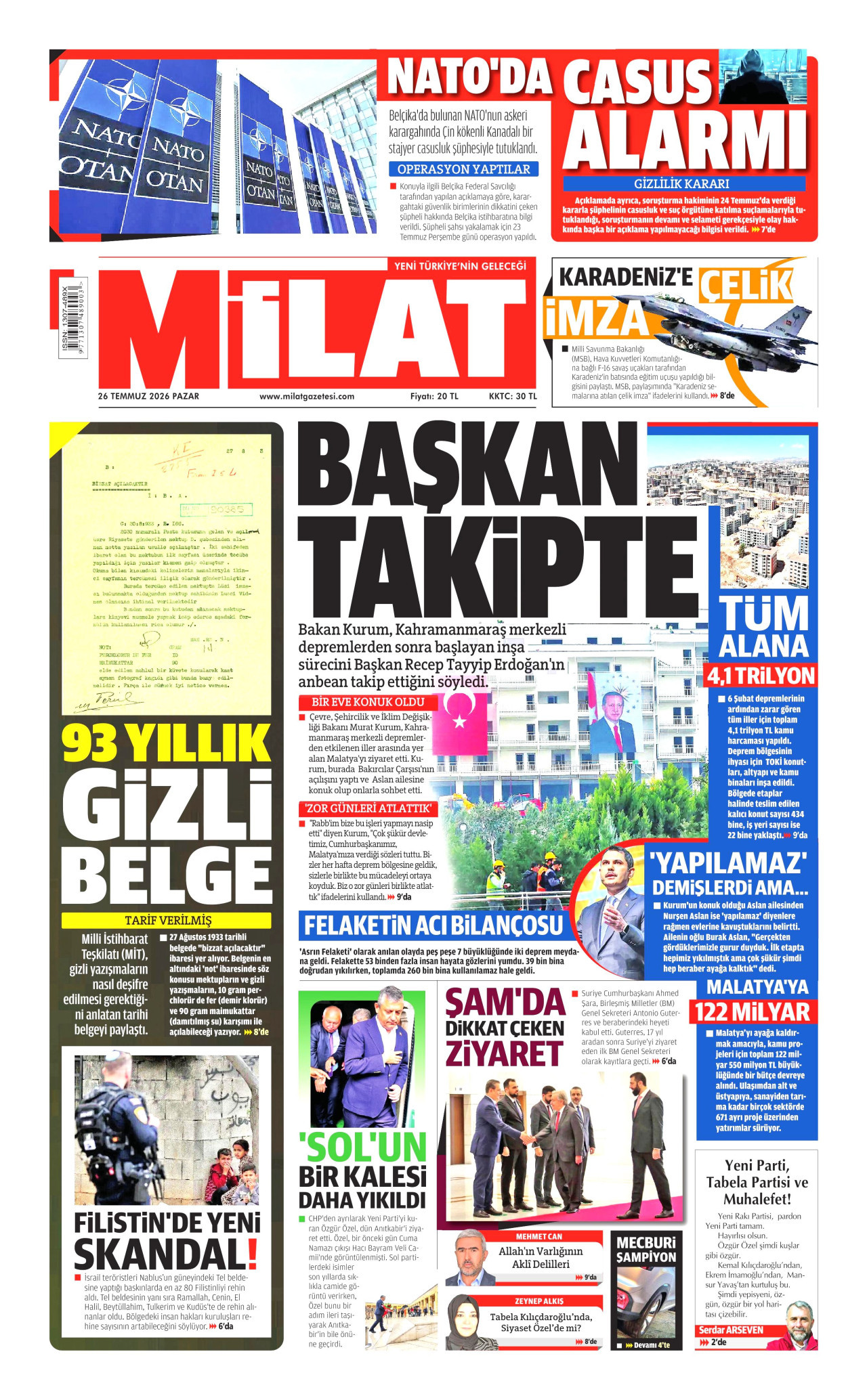 MİLAT gazetesinin 26 Temmuz 2026 tarihli birinci sayfası