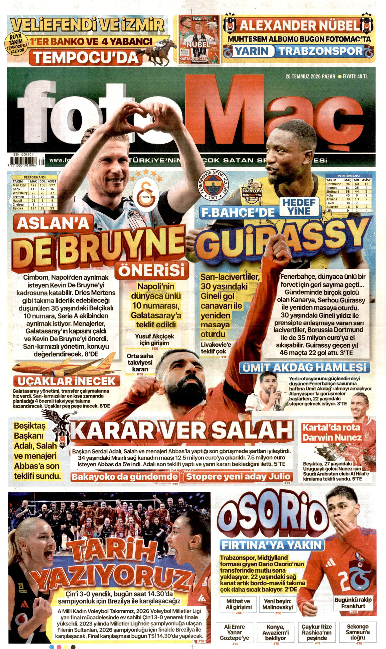 FOTOMAÇ gazetesinin 26 Temmuz 2026 tarihli birinci sayfası