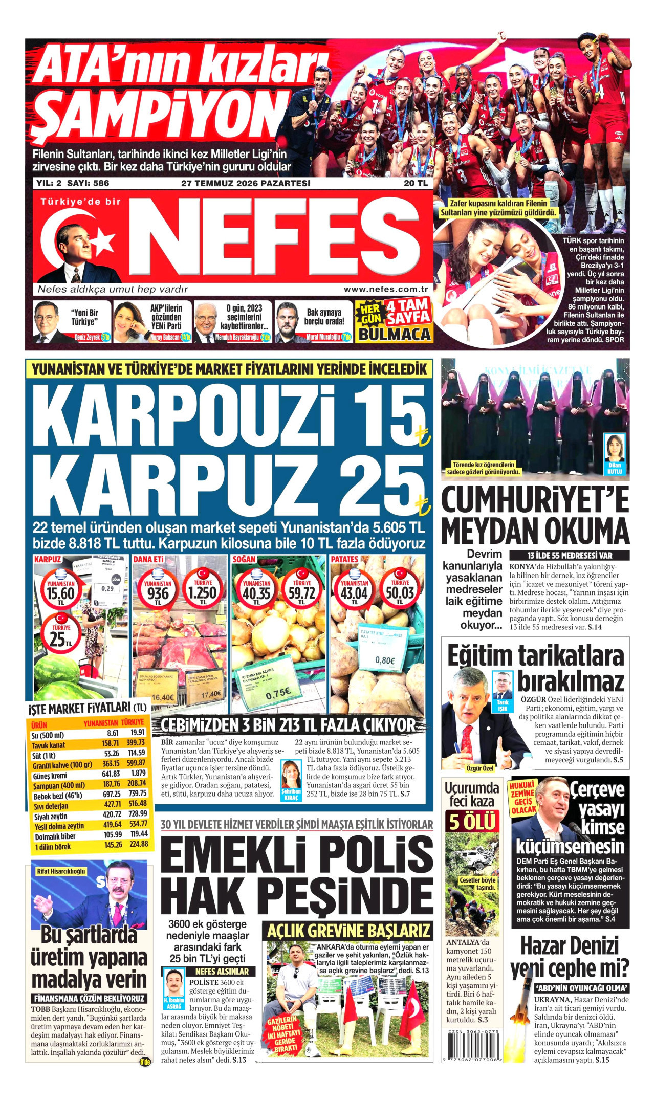 NEFES gazetesinin 27 Temmuz 2026 tarihli birinci sayfası