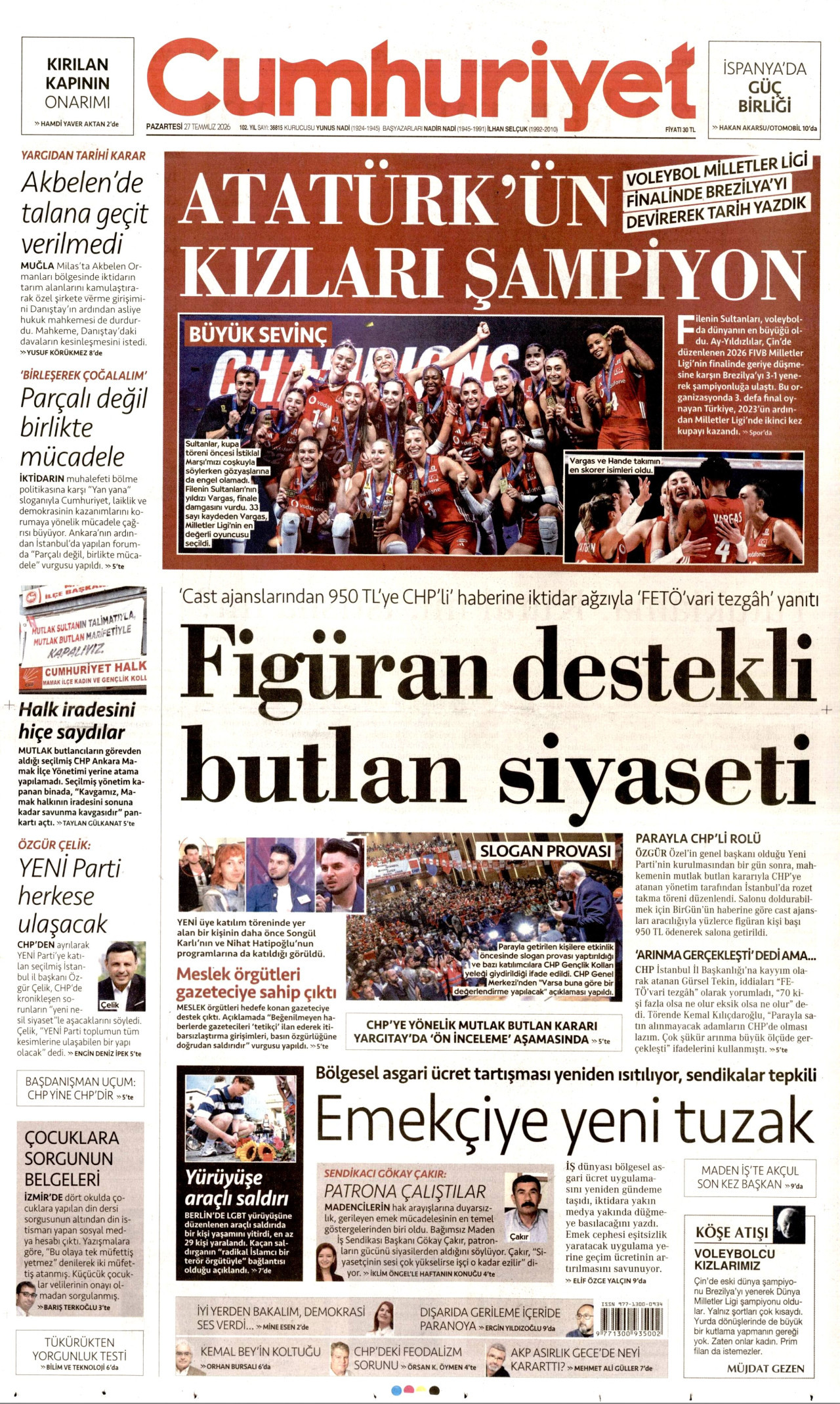 CUMHURİYET gazetesinin 27 Temmuz 2026 tarihli birinci sayfası