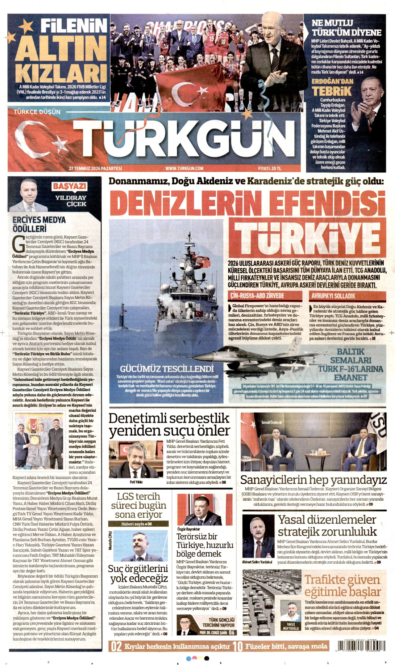 TÜRKGÜN gazetesinin 27 Temmuz 2026 tarihli birinci sayfası