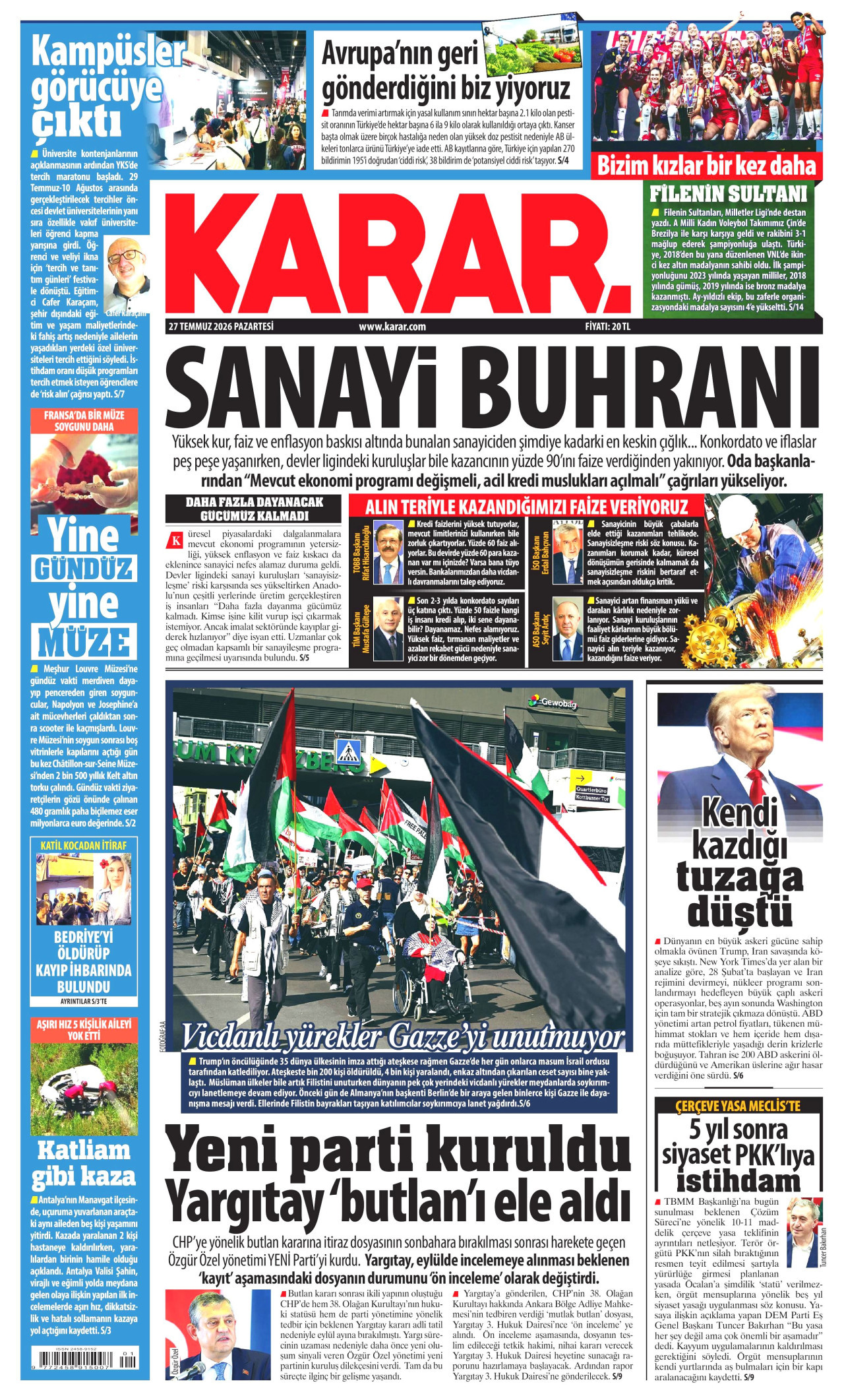 KARAR gazetesinin 27 Temmuz 2026 tarihli birinci sayfası