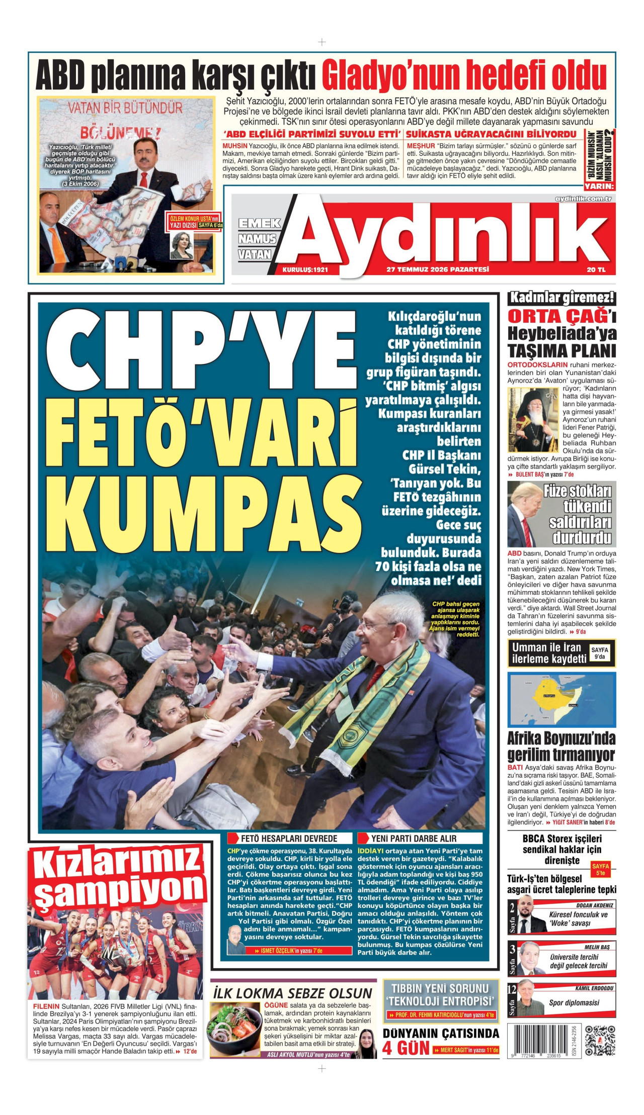AYDINLIK GAZETESİ gazetesinin 27 Temmuz 2026 tarihli birinci sayfası