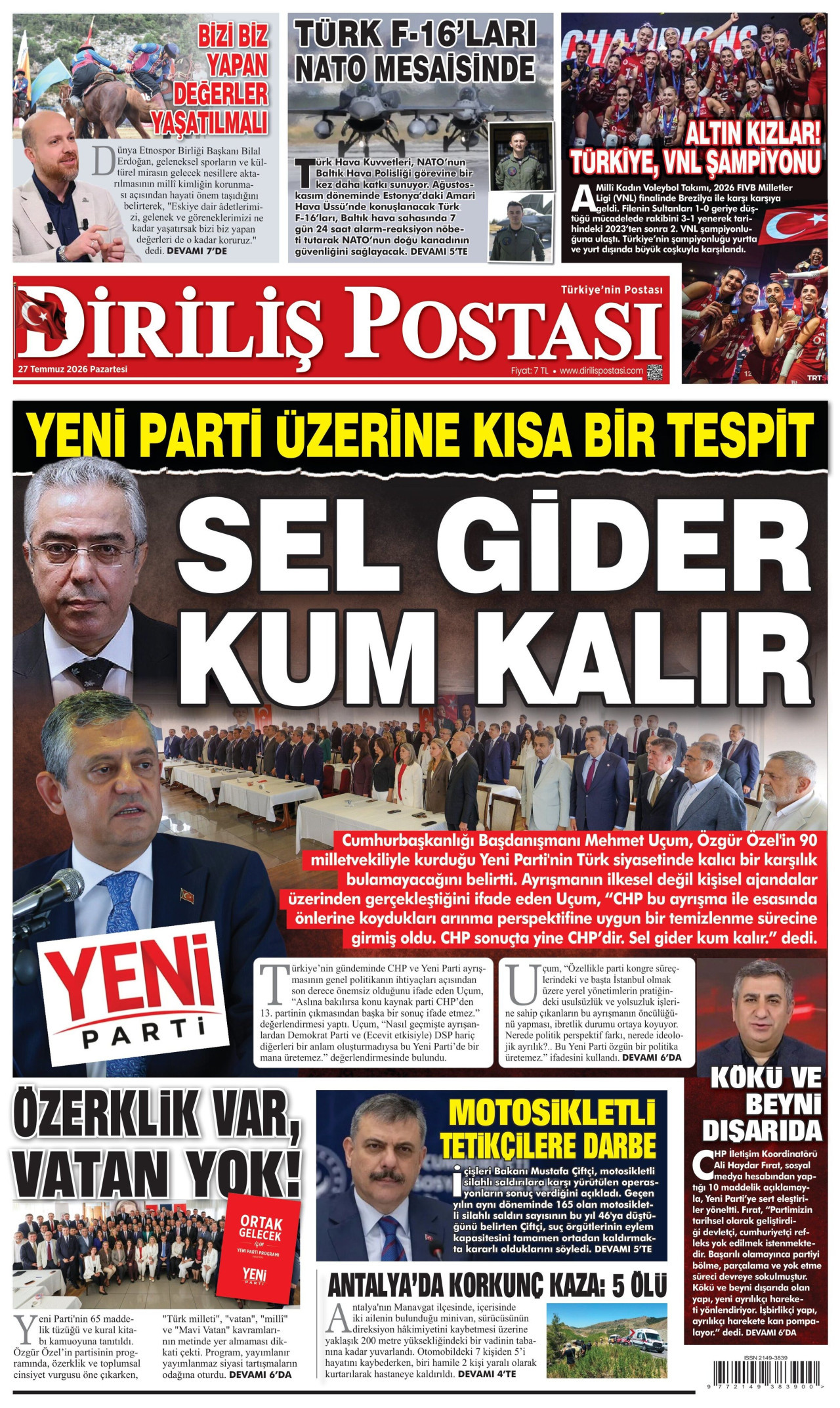 DİRİLİŞ POSTASI gazetesinin 27 Temmuz 2026 tarihli birinci sayfası