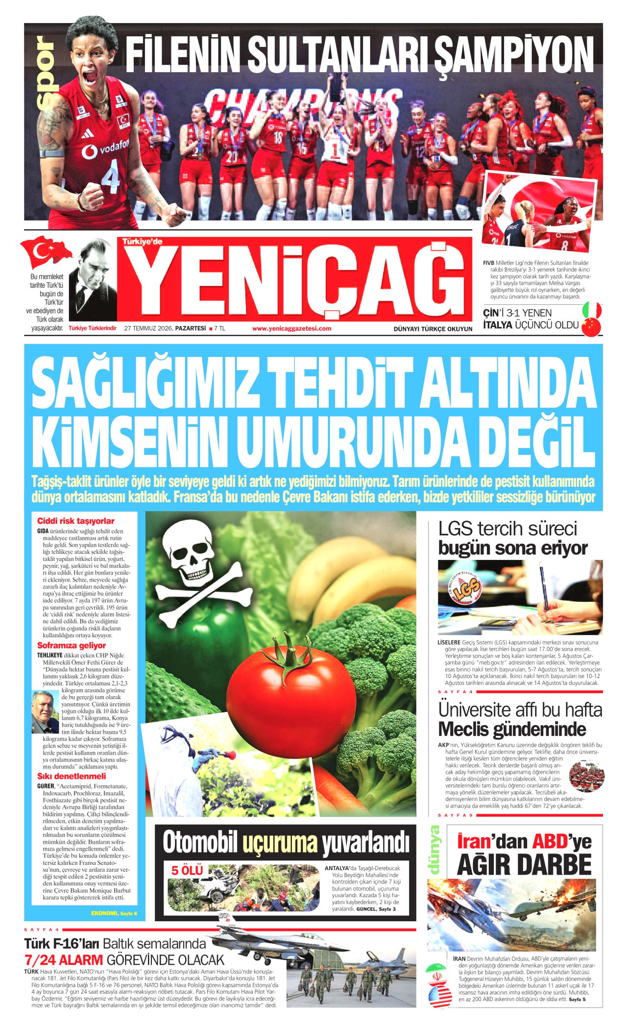 YENİÇAĞ gazetesinin 27 Temmuz 2026 tarihli birinci sayfası