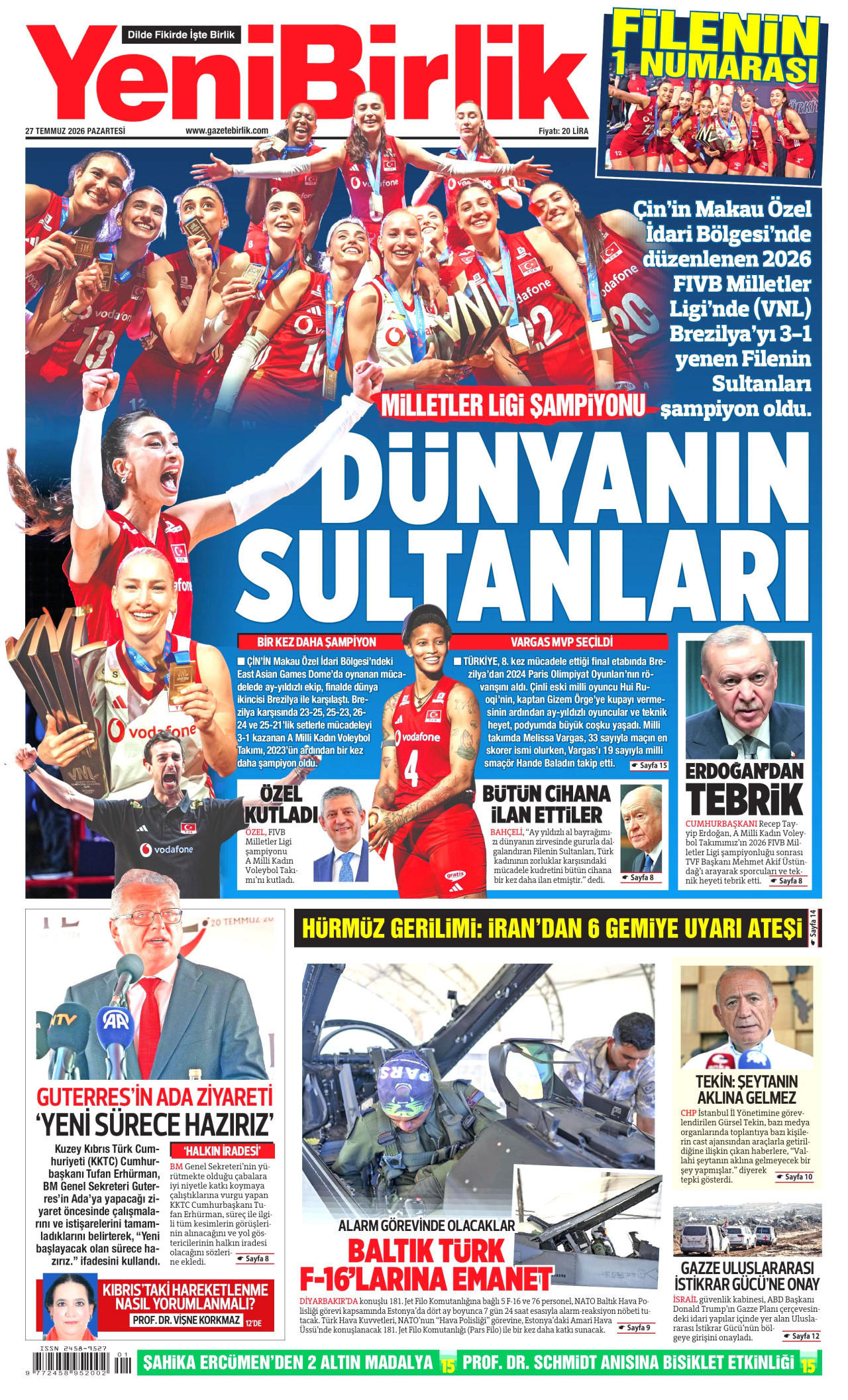 YENİBİRLİK gazetesinin 27 Temmuz 2026 tarihli birinci sayfası