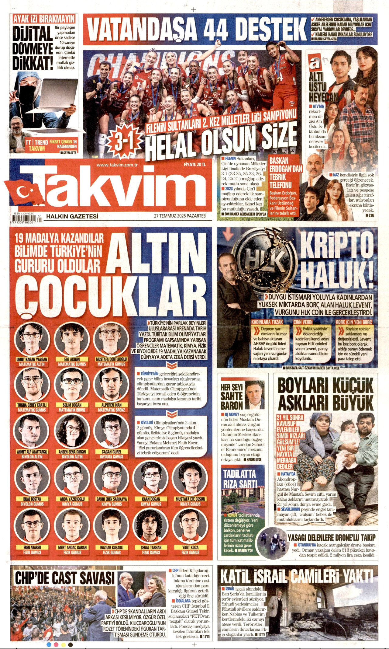 TAKVİM gazetesinin 27 Temmuz 2026 tarihli birinci sayfası