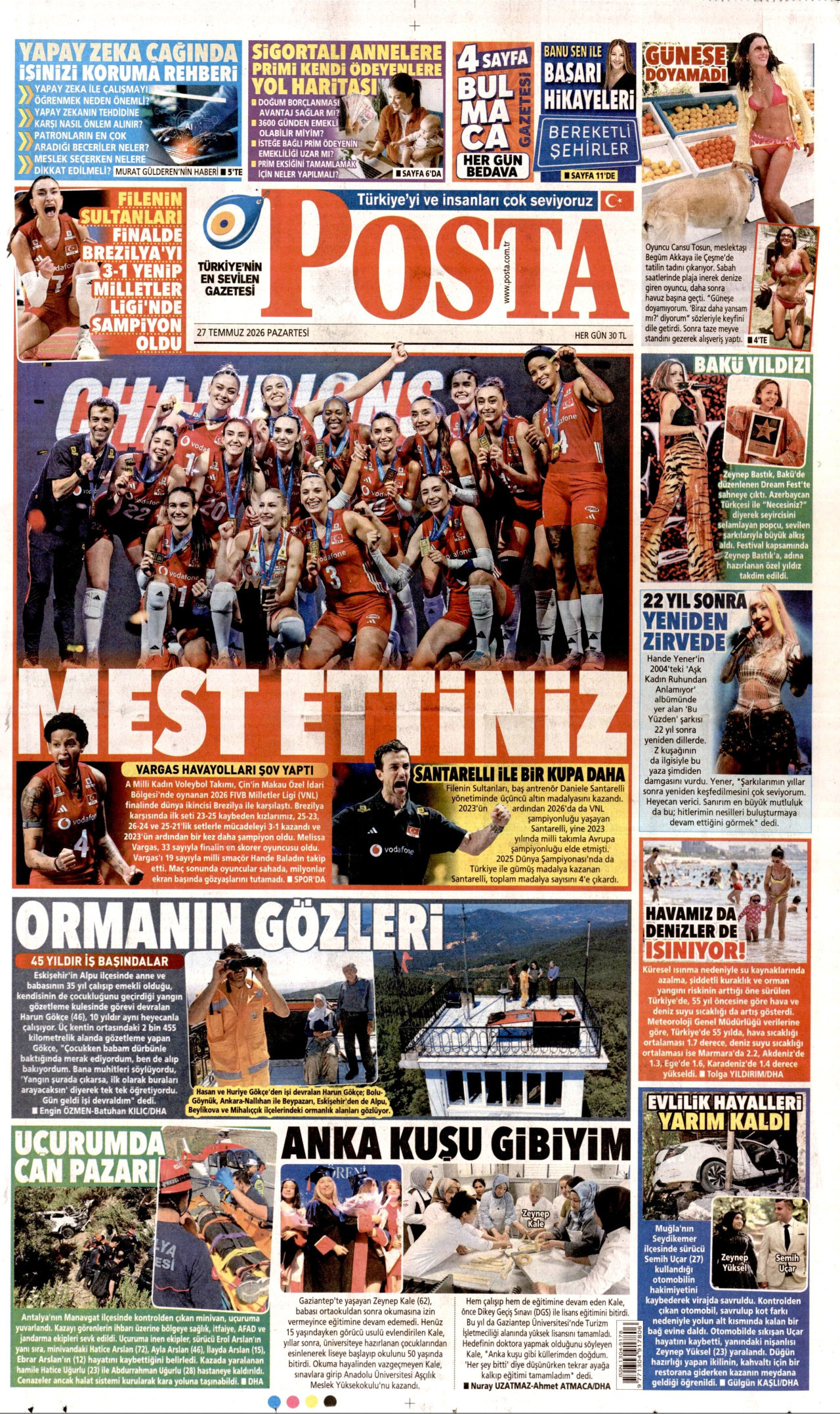 POSTA gazetesinin 27 Temmuz 2026 tarihli birinci sayfası