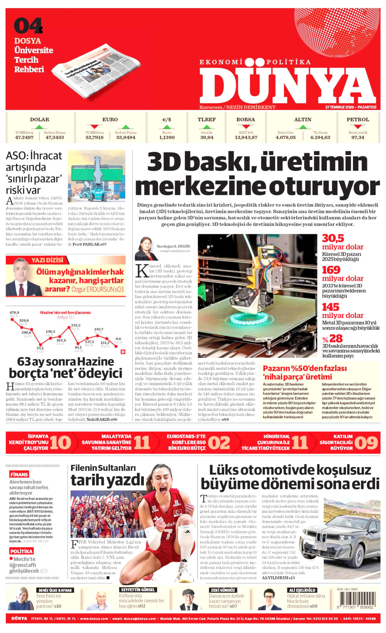 DÜNYA gazetesinin 27 Temmuz 2026 tarihli birinci sayfası