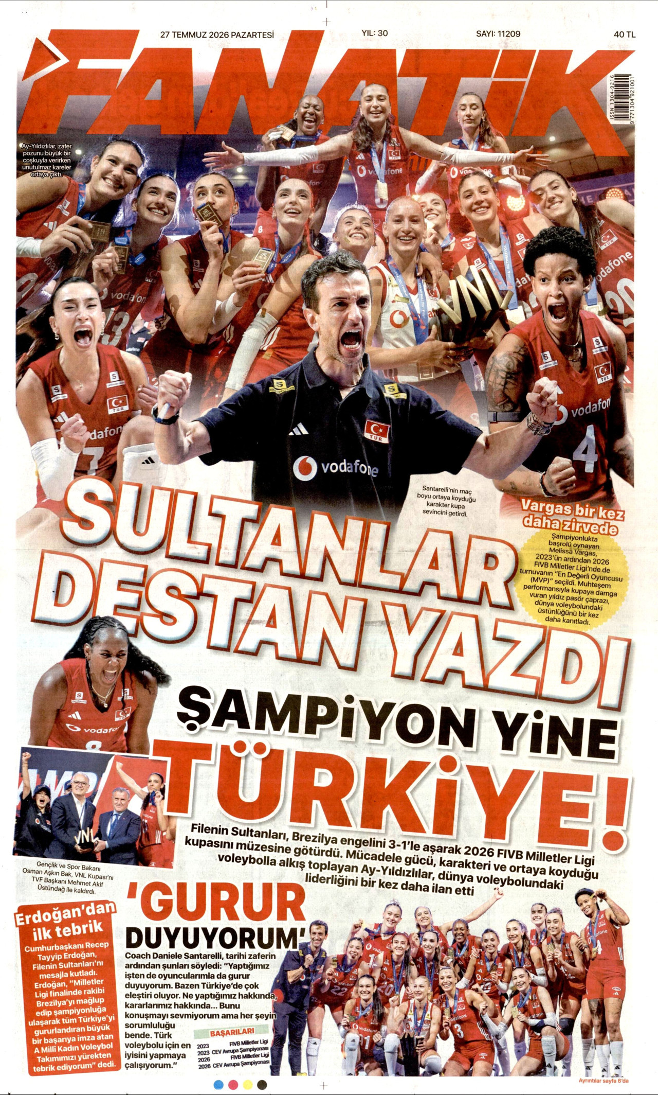 FANATİK gazetesinin 27 Temmuz 2026 tarihli birinci sayfası