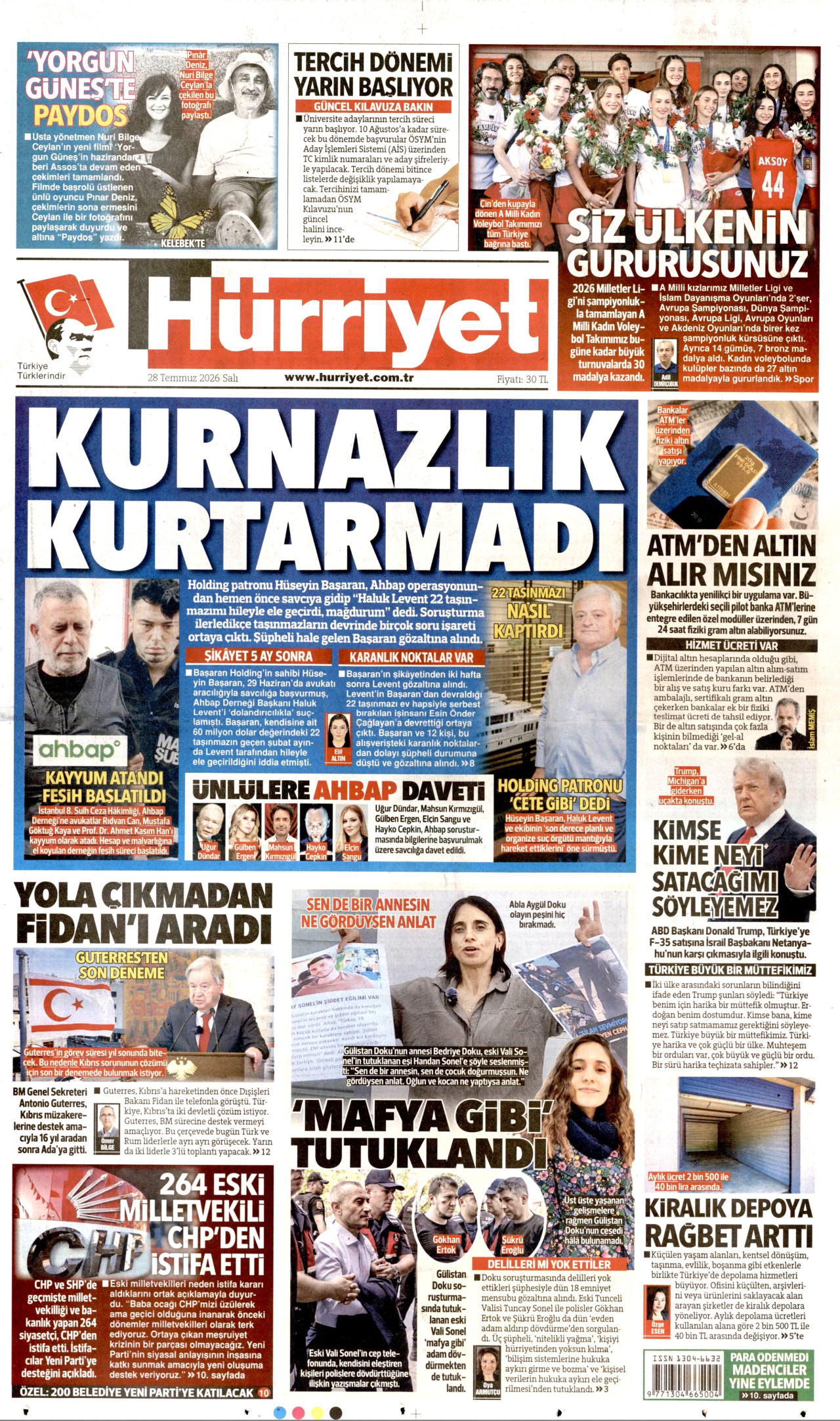 HÜRRİYET gazetesinin 28 Temmuz 2026 tarihli birinci sayfası