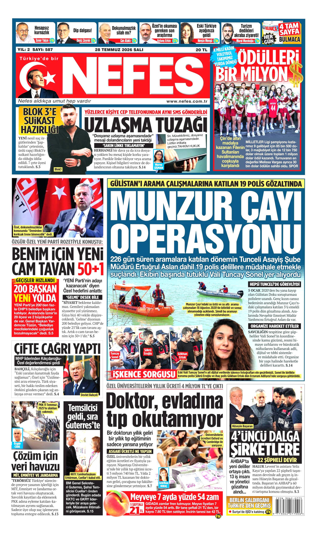 NEFES gazetesinin 28 Temmuz 2026 tarihli birinci sayfası