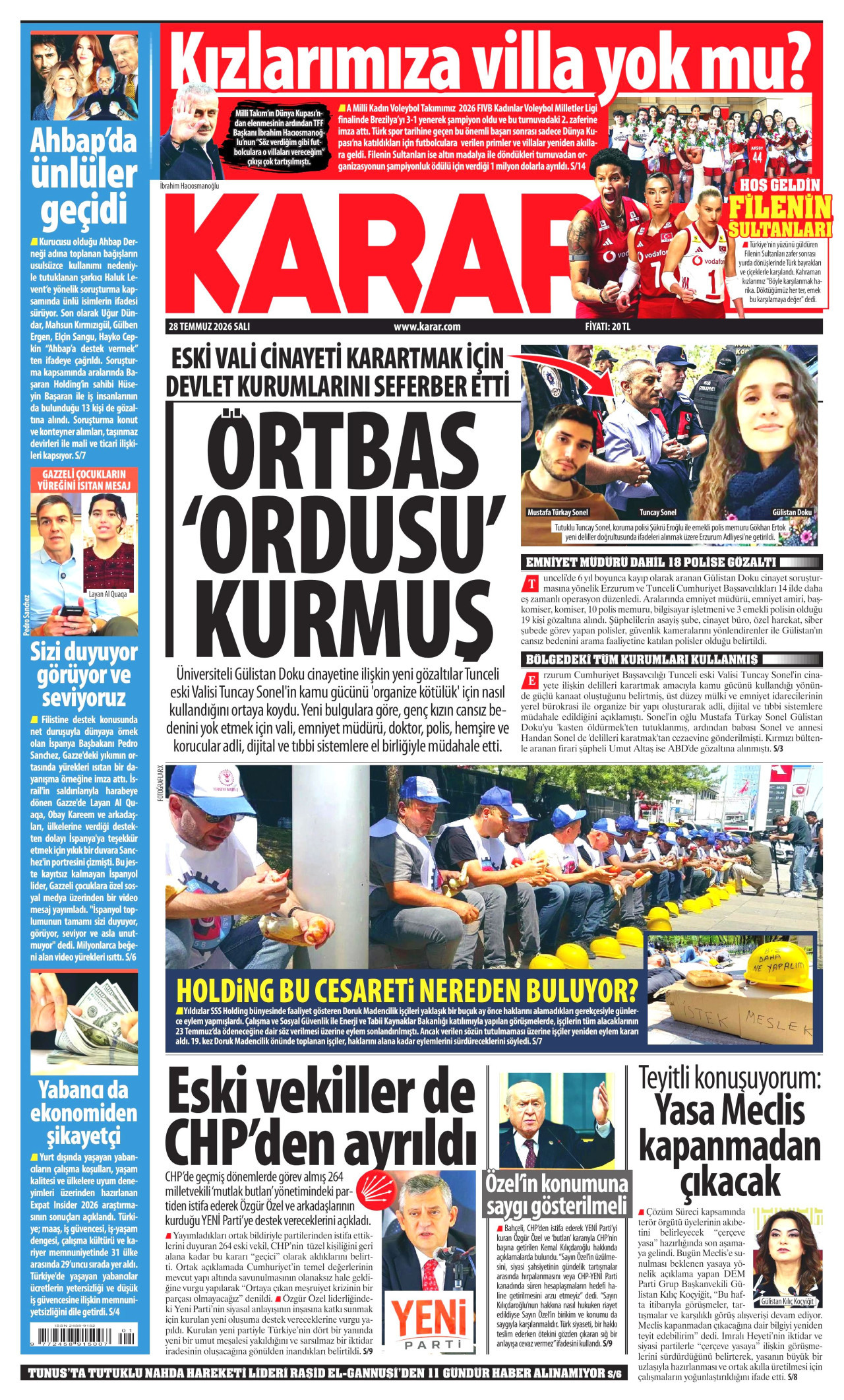 KARAR gazetesinin 28 Temmuz 2026 tarihli birinci sayfası