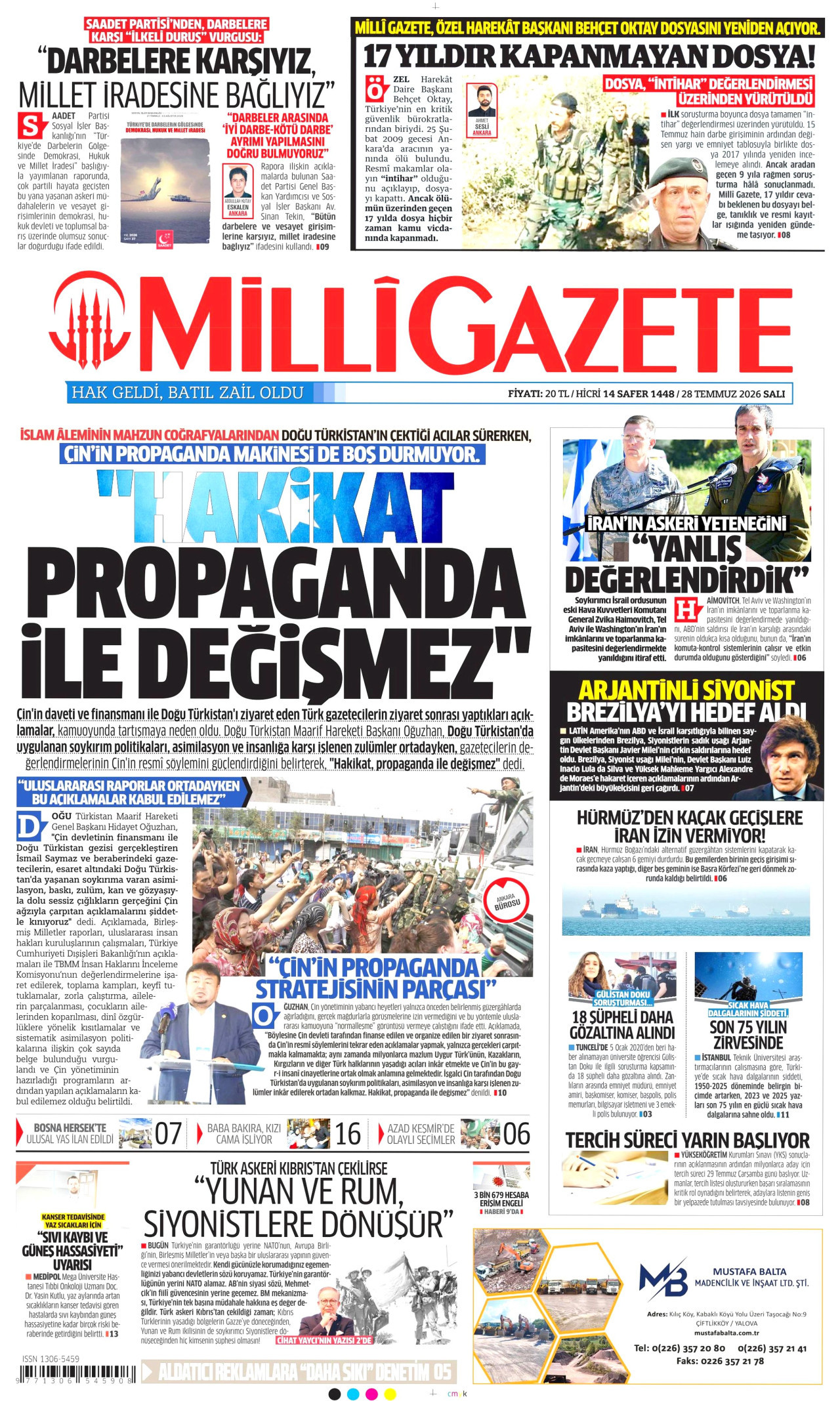 MİLLİ GAZETE gazetesinin 28 Temmuz 2026 tarihli birinci sayfası