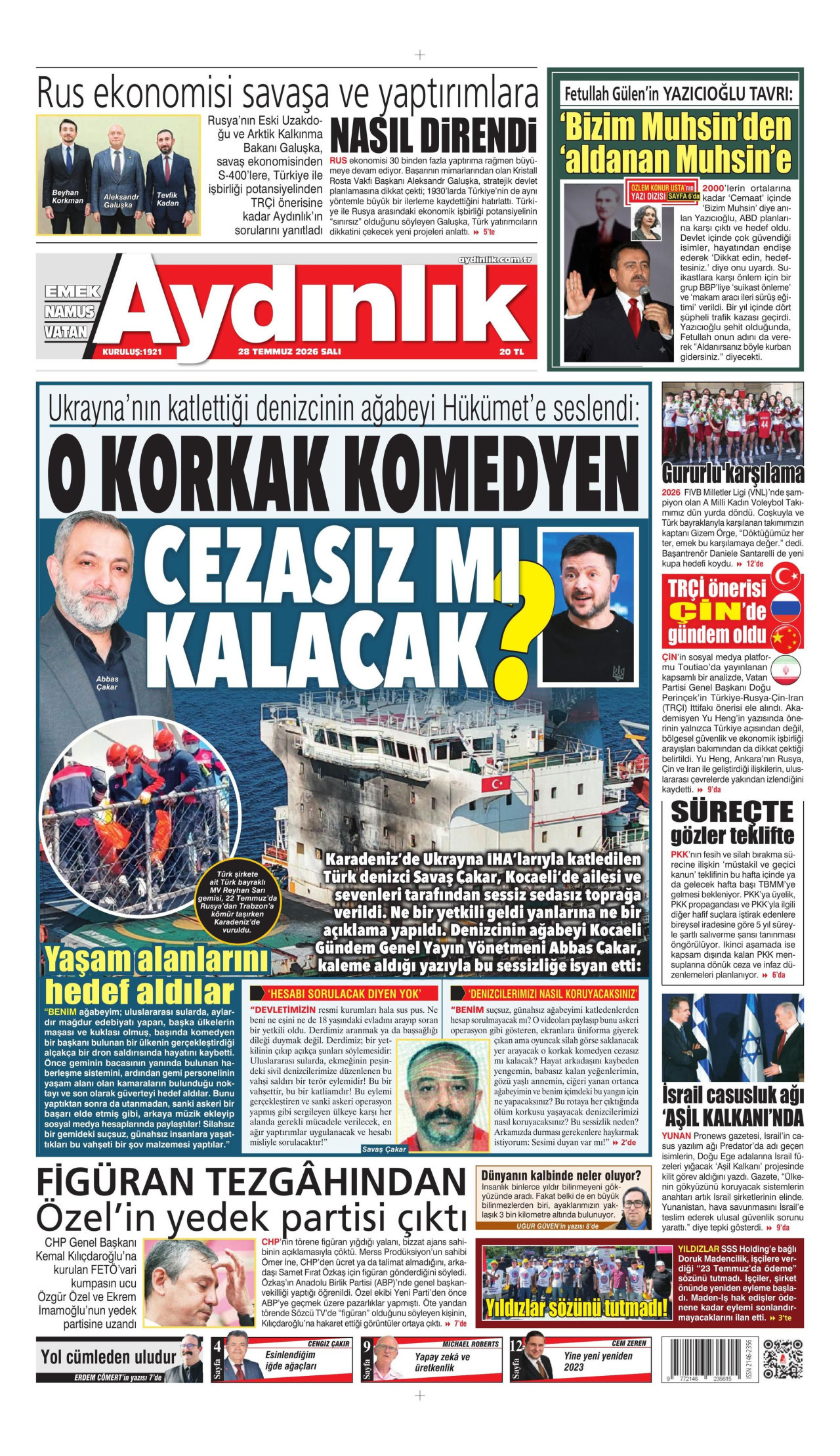 AYDINLIK GAZETESİ gazetesinin 28 Temmuz 2026 tarihli birinci sayfası