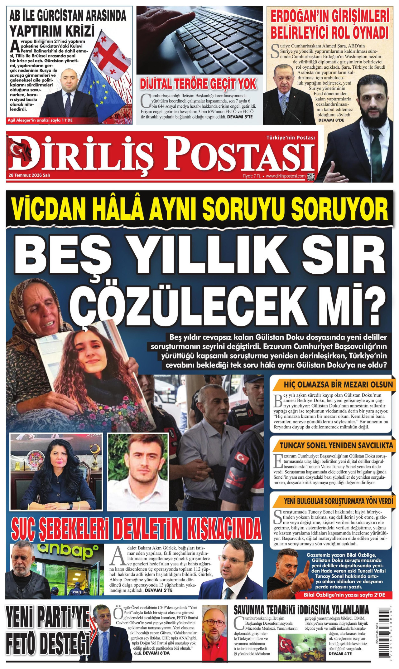 DİRİLİŞ POSTASI gazetesinin 28 Temmuz 2026 tarihli birinci sayfası