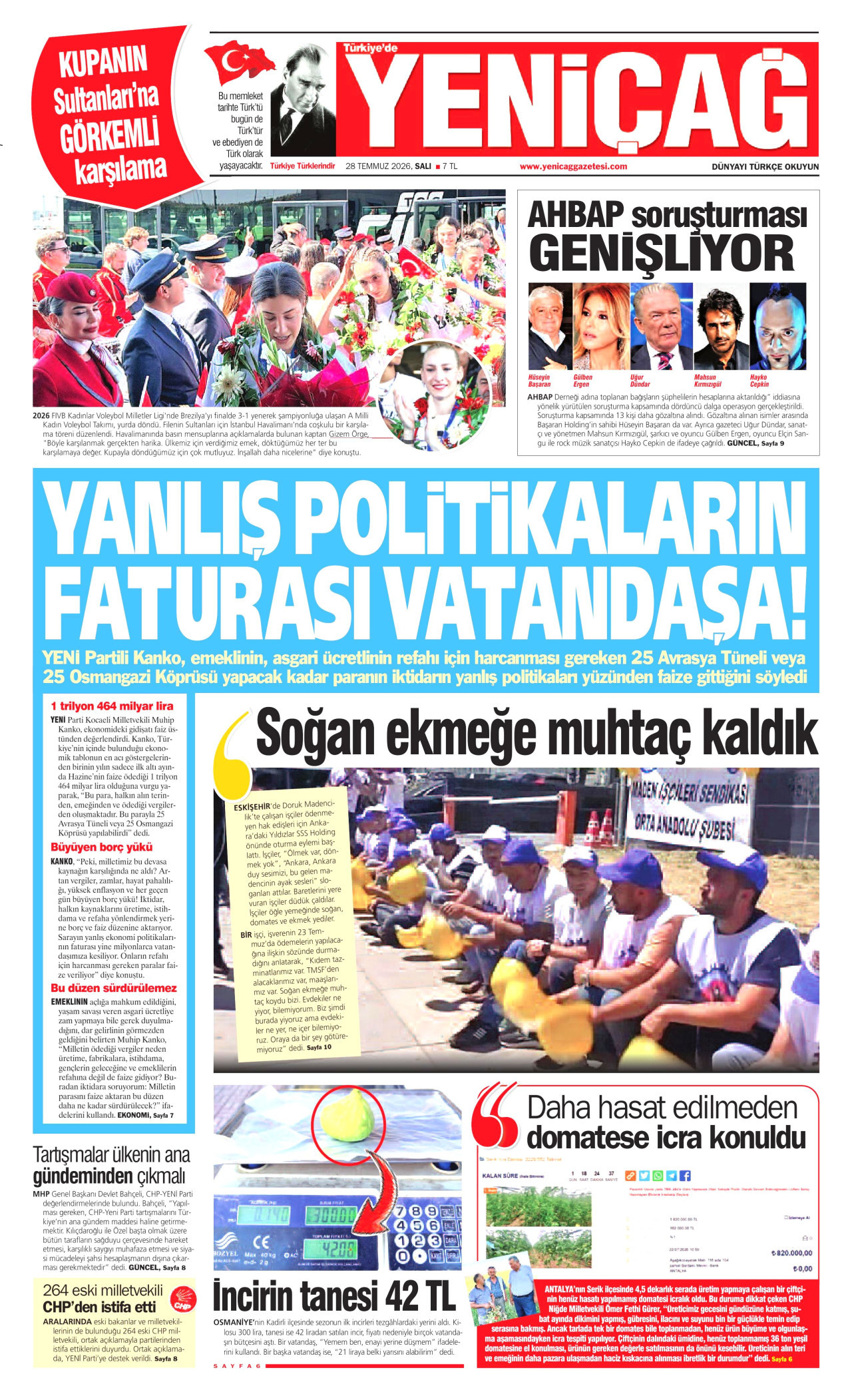 YENİÇAĞ gazetesinin 28 Temmuz 2026 tarihli birinci sayfası
