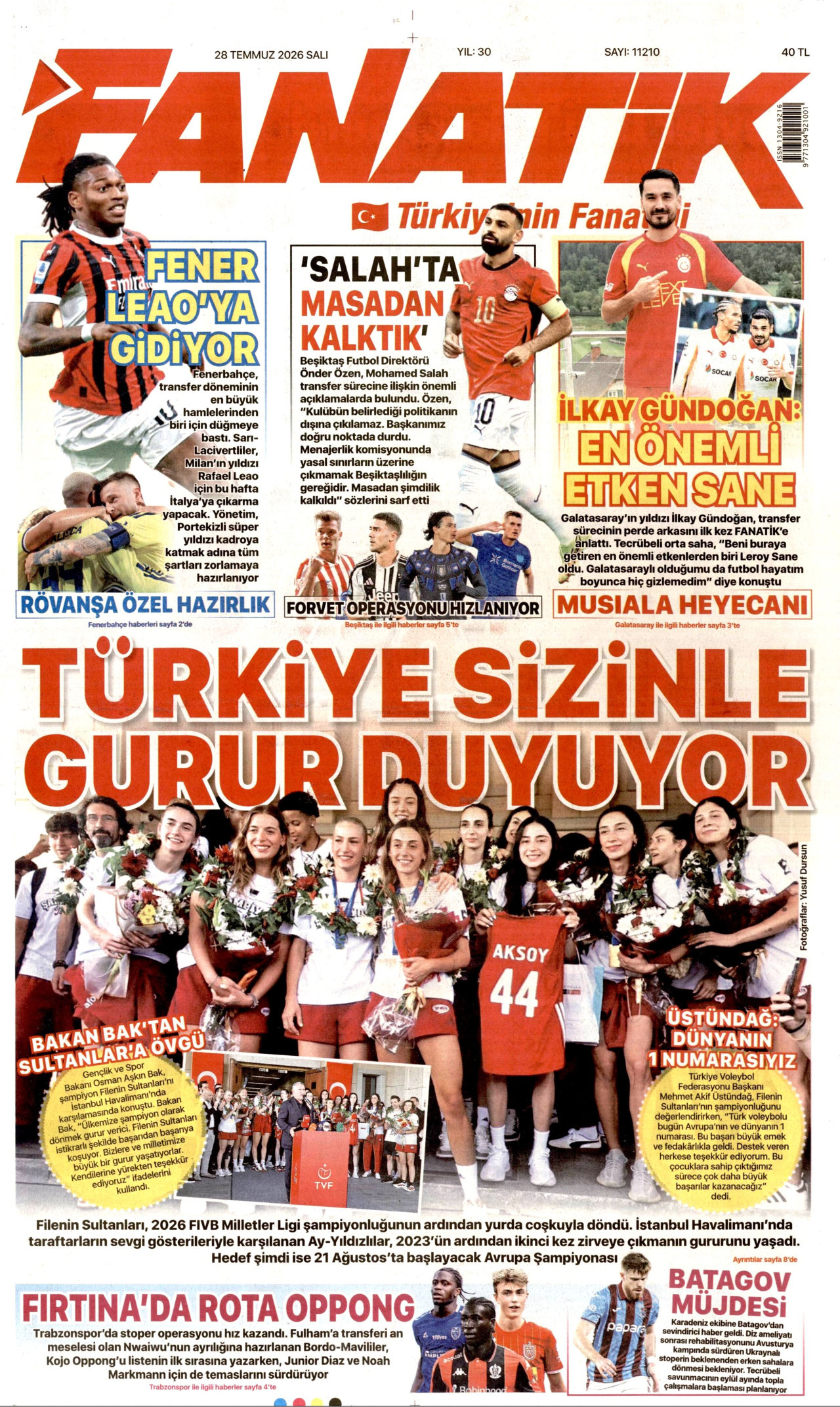FANATİK gazetesinin 28 Temmuz 2026 tarihli birinci sayfası