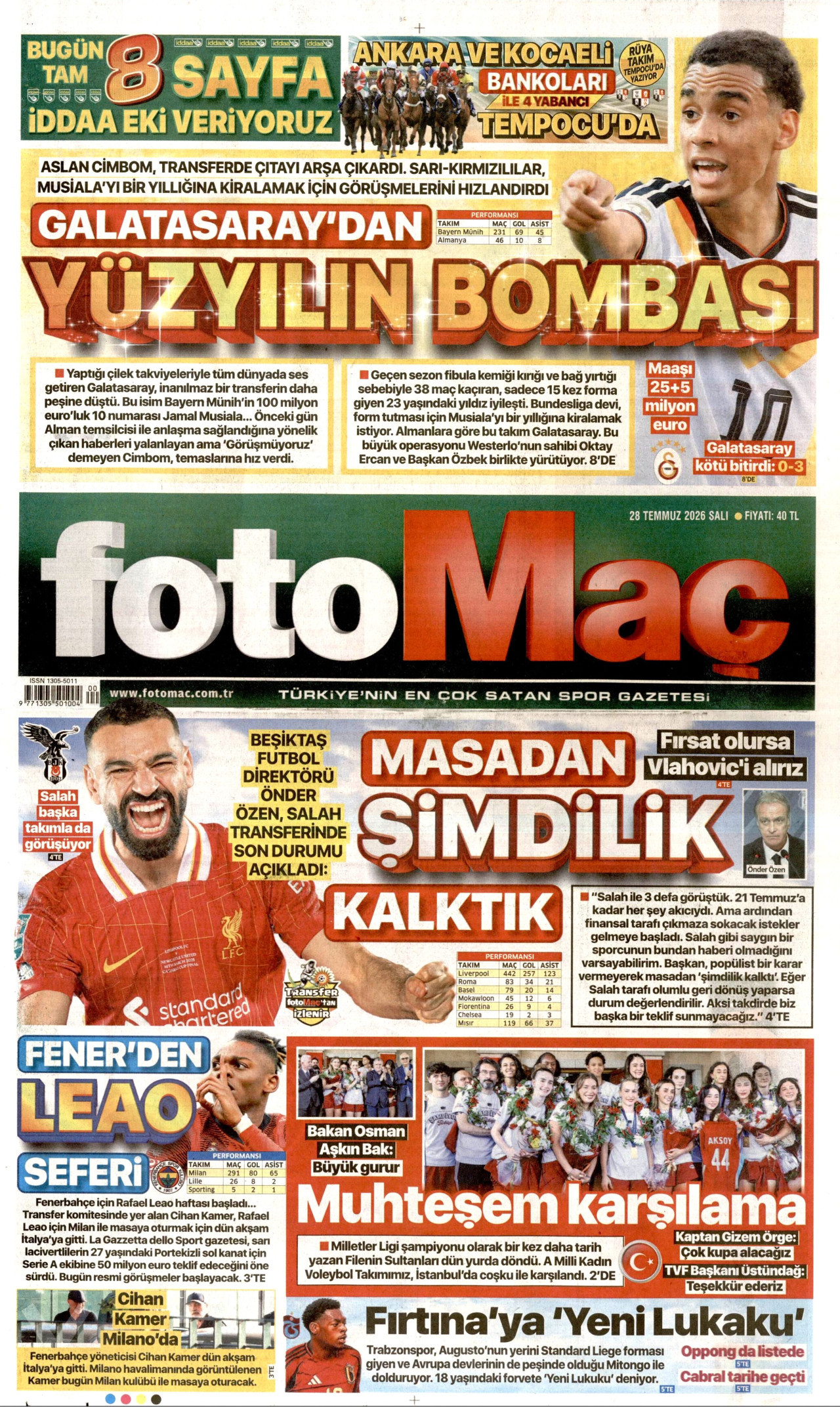 FOTOMAÇ gazetesinin 28 Temmuz 2026 tarihli birinci sayfası