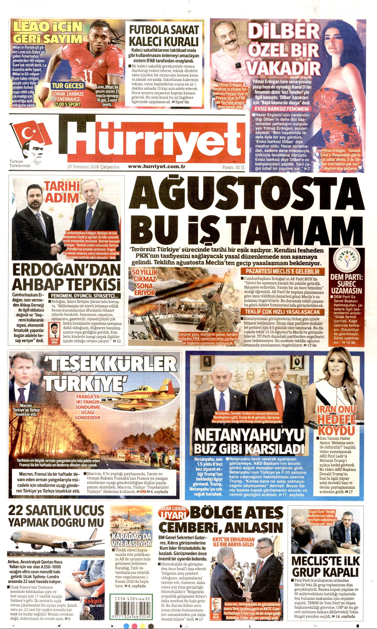 HÜRRİYET gazetesinin 29 Temmuz 2026 tarihli birinci sayfası
