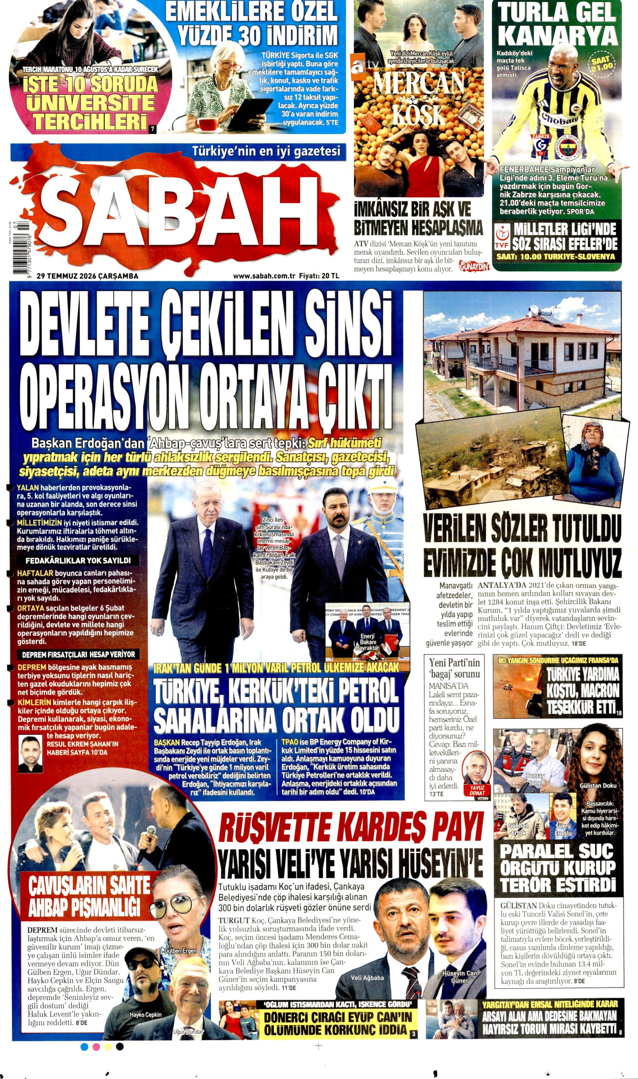SABAH gazetesinin 29 Temmuz 2026 tarihli birinci sayfası