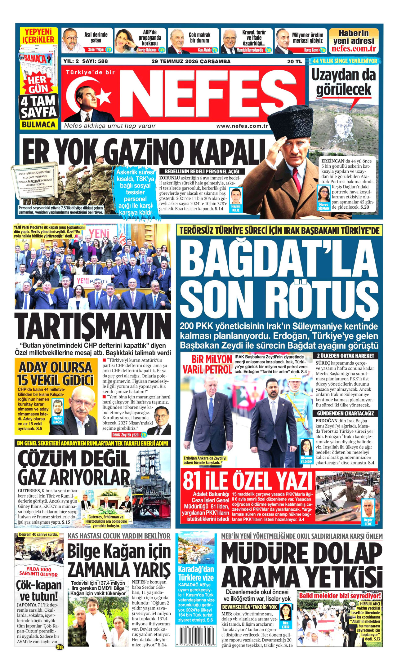 NEFES gazetesinin 29 Temmuz 2026 tarihli birinci sayfası