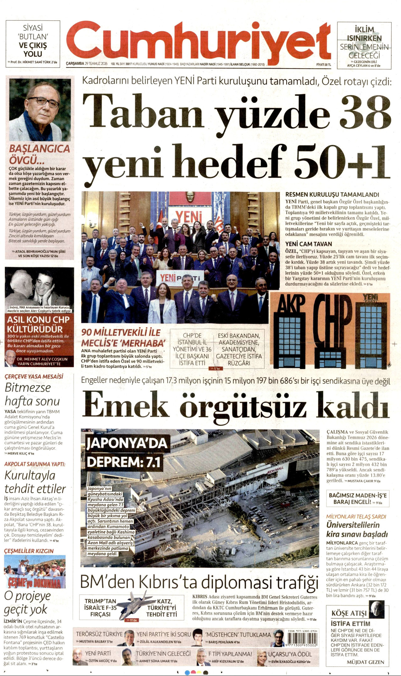 CUMHURİYET gazetesinin 29 Temmuz 2026 tarihli birinci sayfası