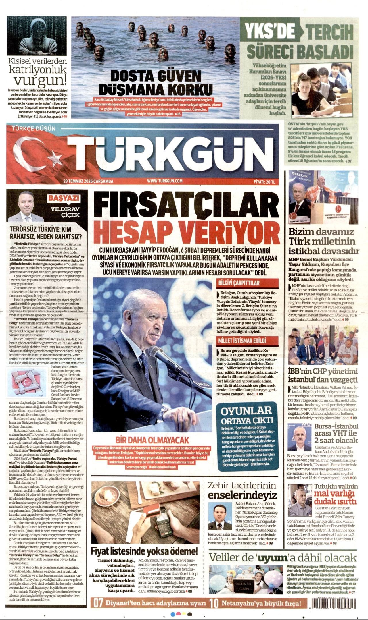 TÜRKGÜN gazetesinin 29 Temmuz 2026 tarihli birinci sayfası