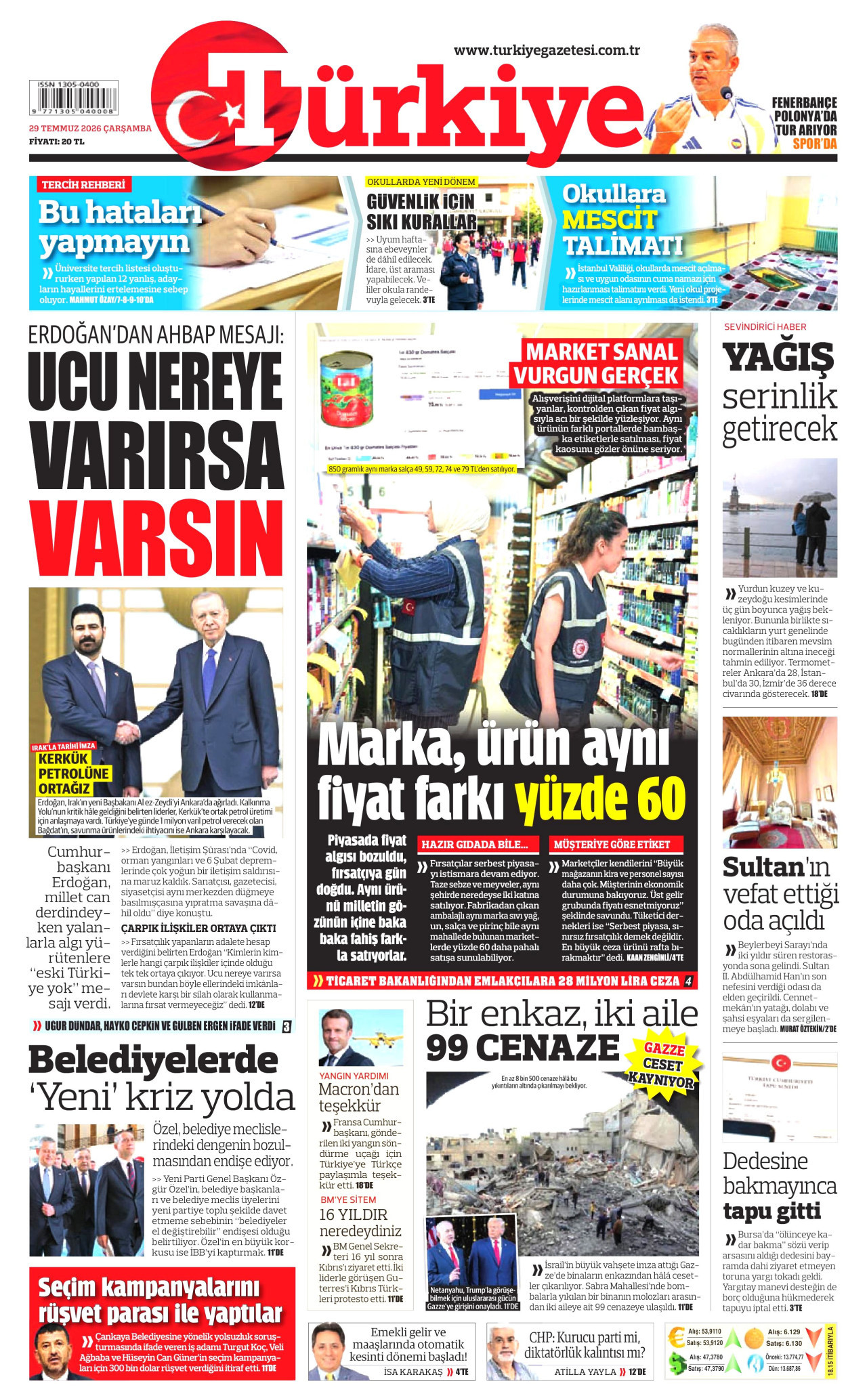 TÜRKİYE GAZETESİ gazetesinin 29 Temmuz 2026 tarihli birinci sayfası