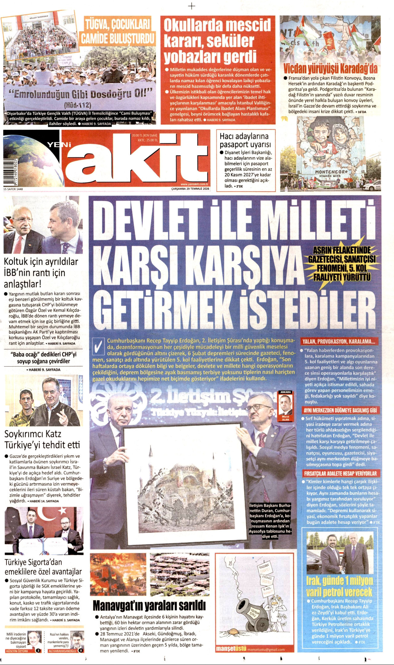 YENİ AKİT gazetesinin 29 Temmuz 2026 tarihli birinci sayfası