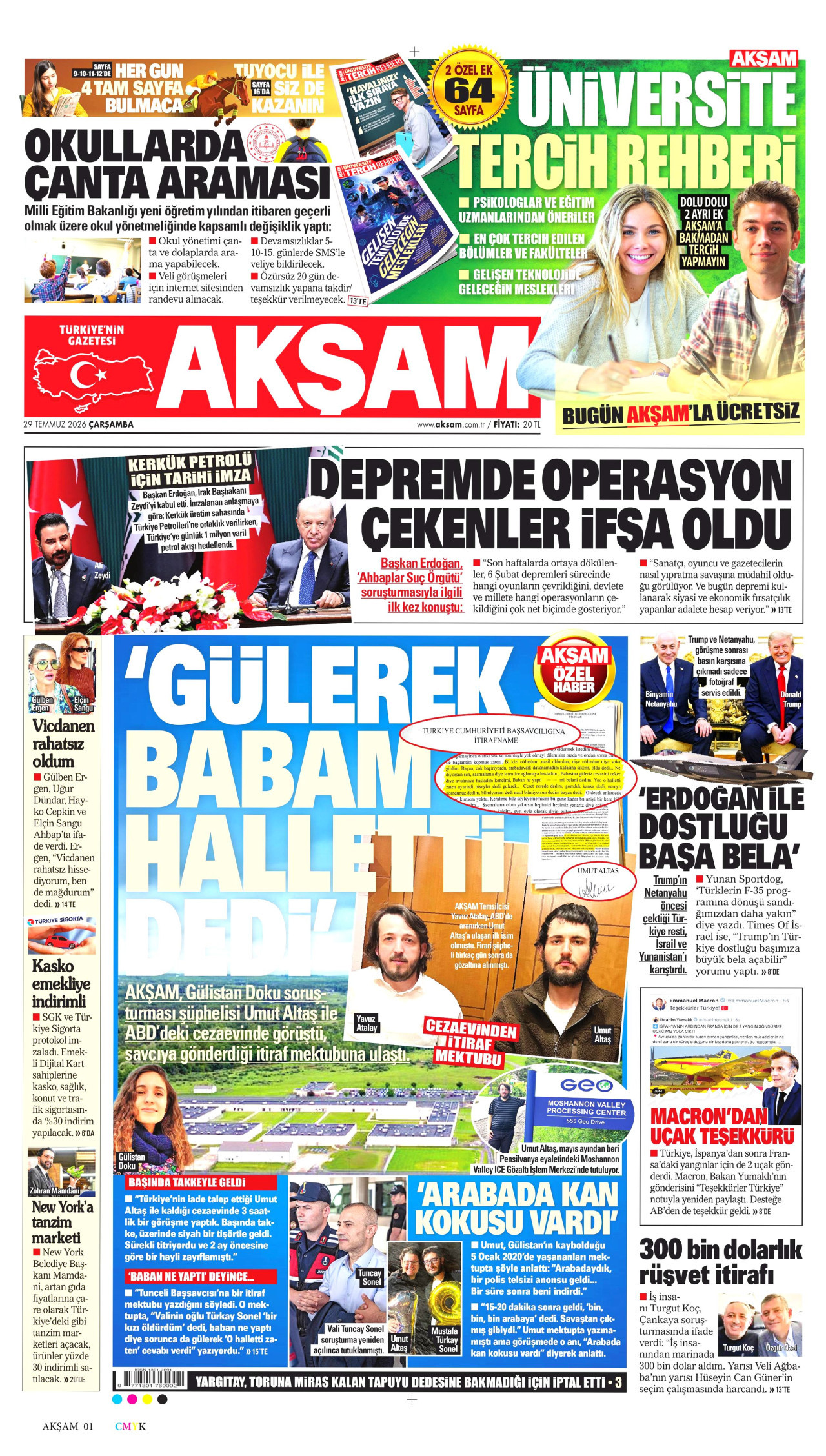 AKŞAM gazetesinin 29 Temmuz 2026 tarihli birinci sayfası
