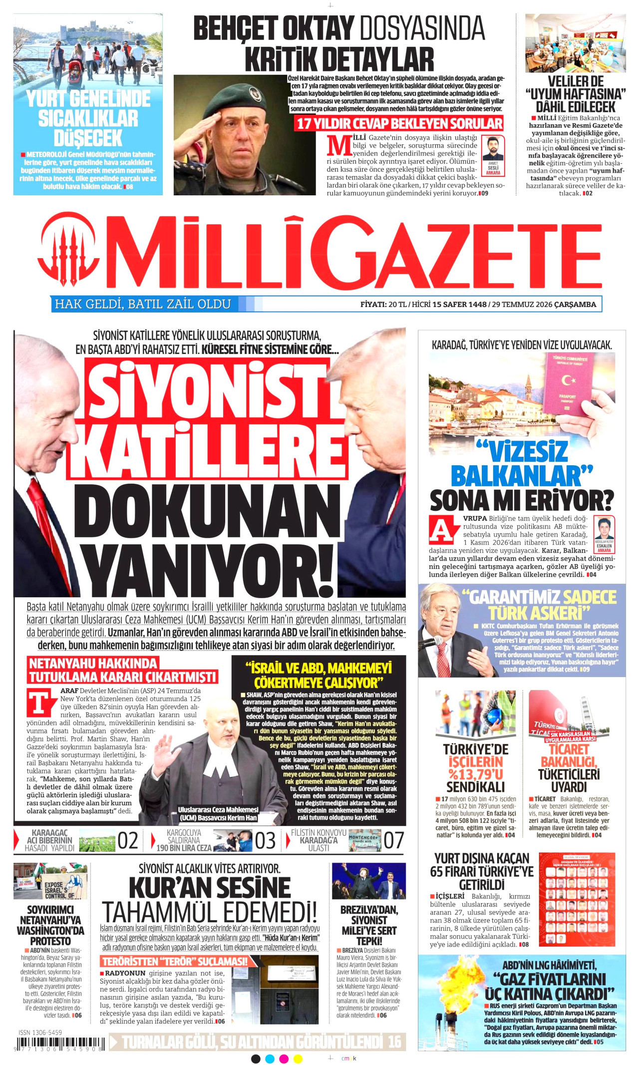 MİLLİ GAZETE gazetesinin 29 Temmuz 2026 tarihli birinci sayfası