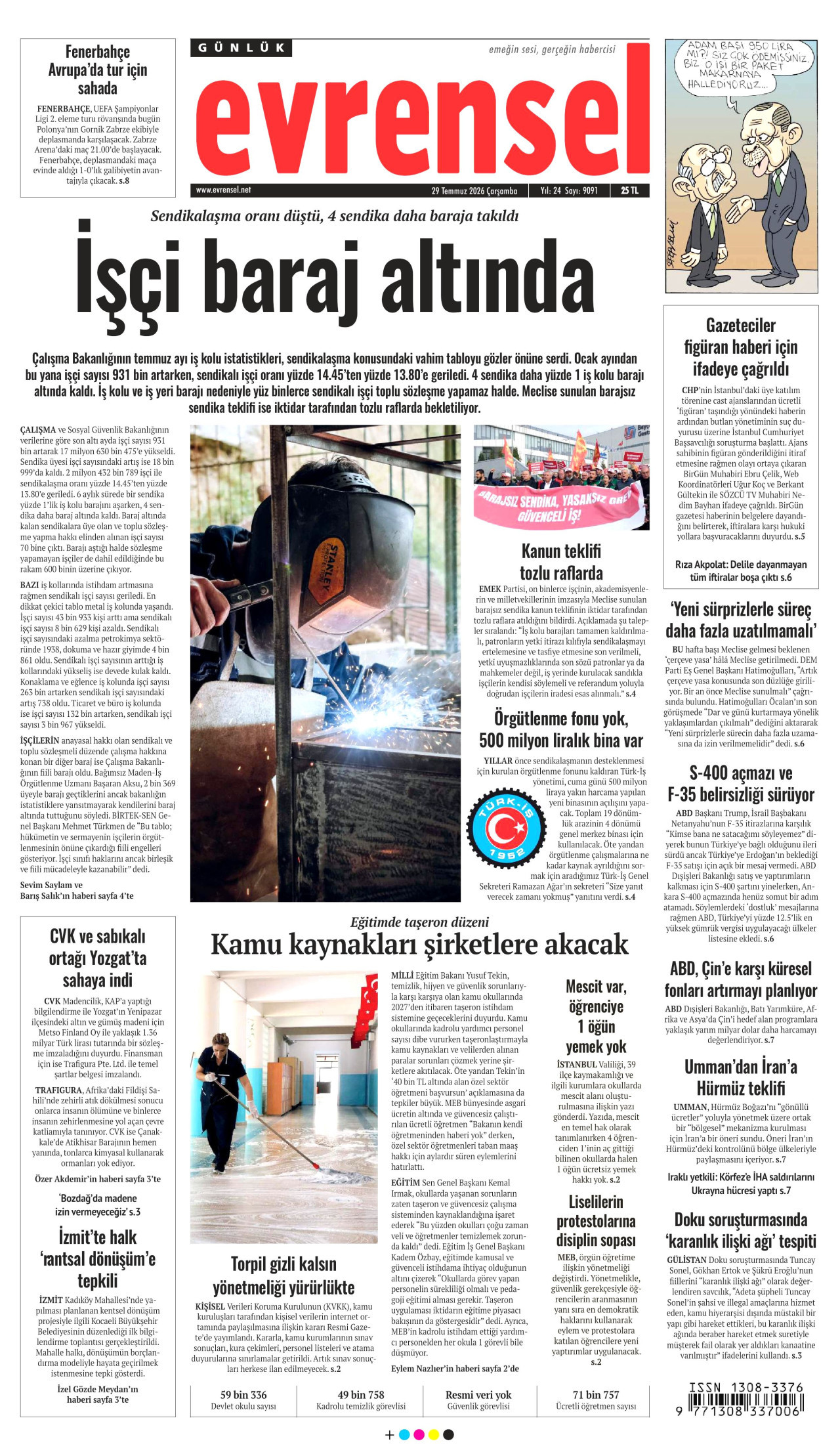 EVRENSEL gazetesinin 29 Temmuz 2026 tarihli birinci sayfası