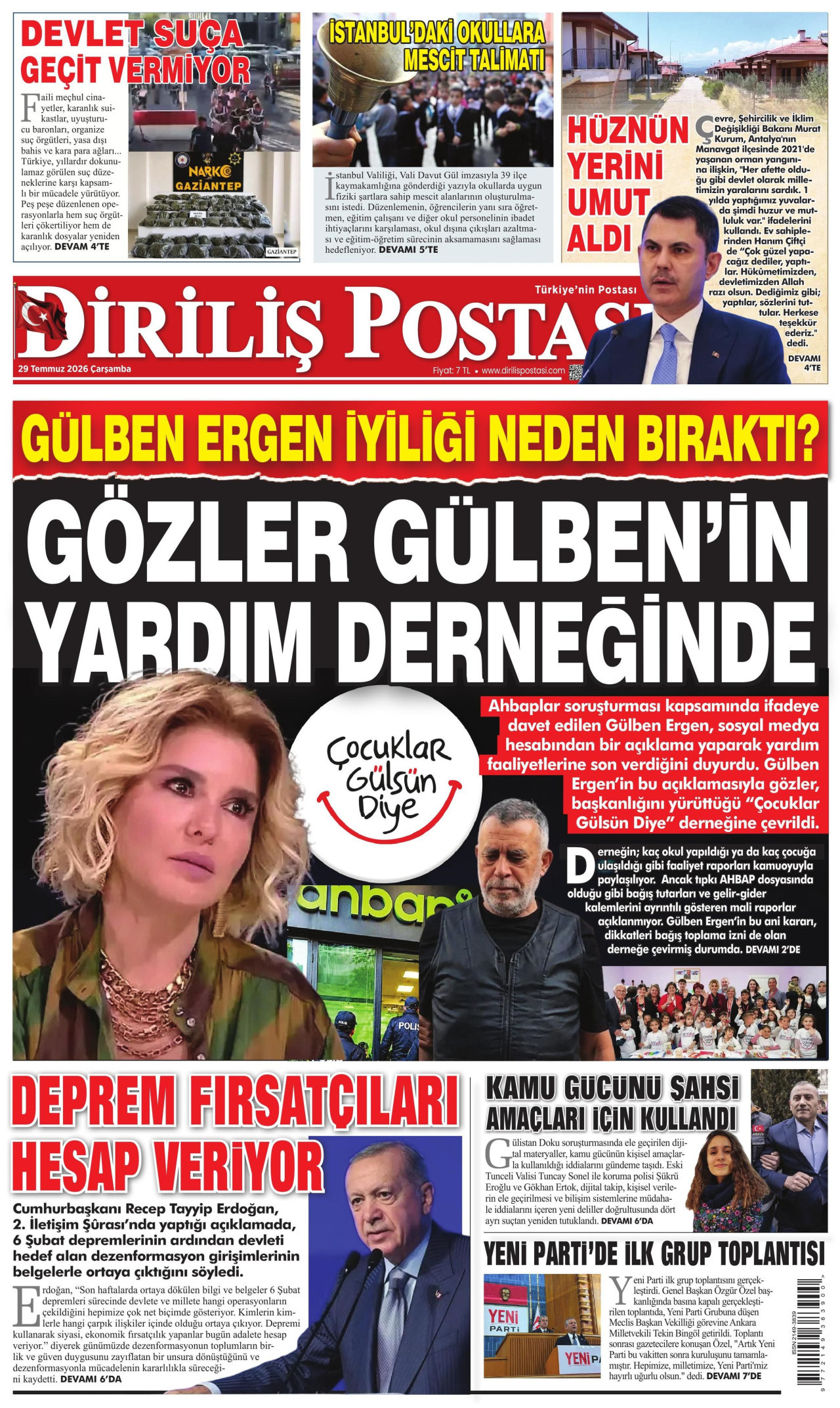 DİRİLİŞ POSTASI gazetesinin 29 Temmuz 2026 tarihli birinci sayfası