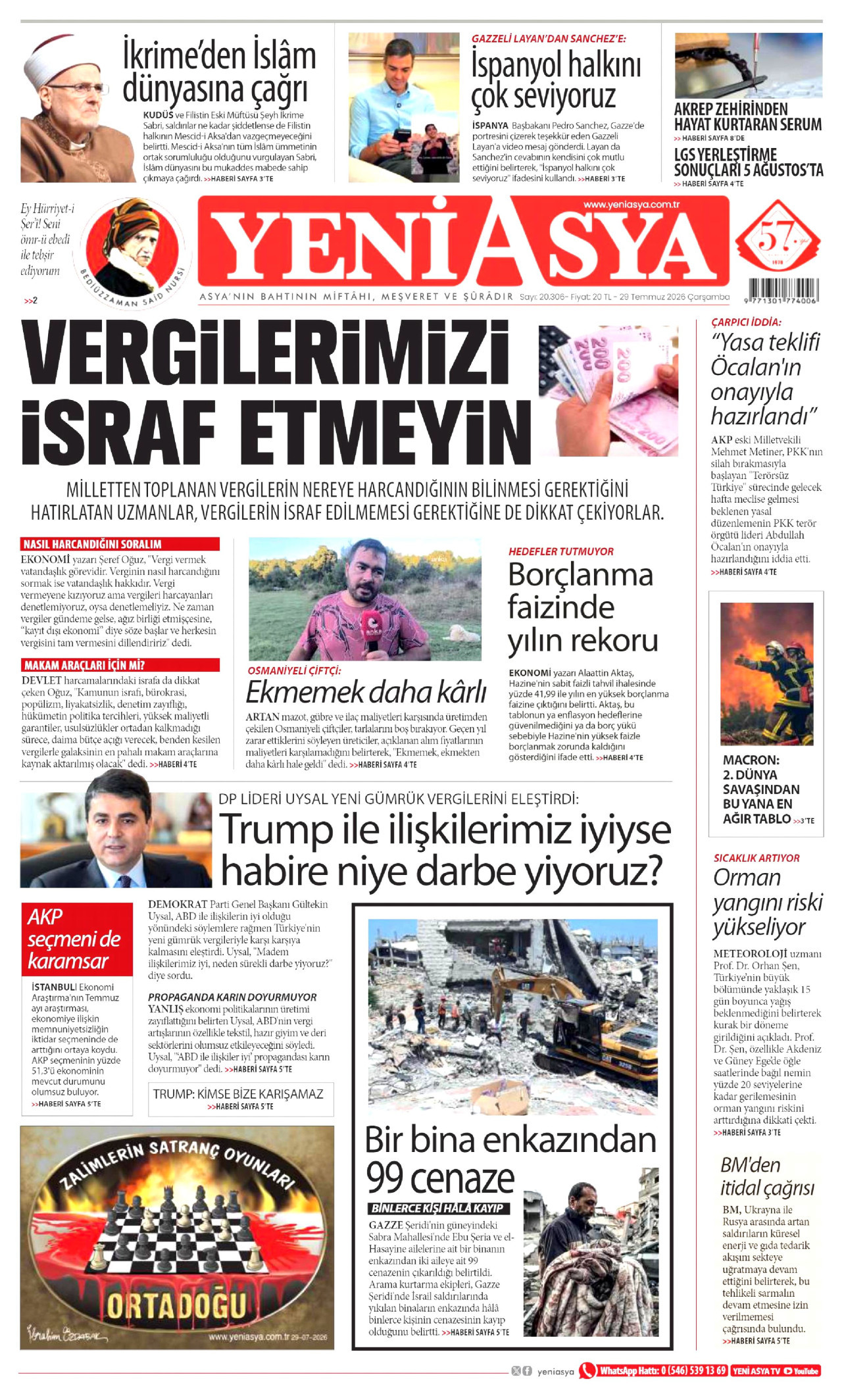 YENİ ASYA gazetesinin 29 Temmuz 2026 tarihli birinci sayfası