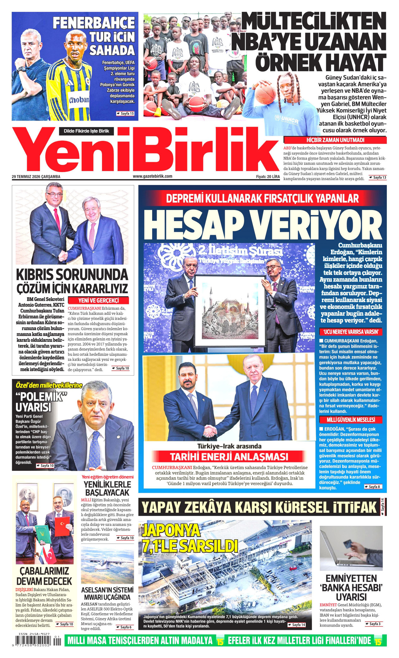YENİBİRLİK gazetesinin 29 Temmuz 2026 tarihli birinci sayfası