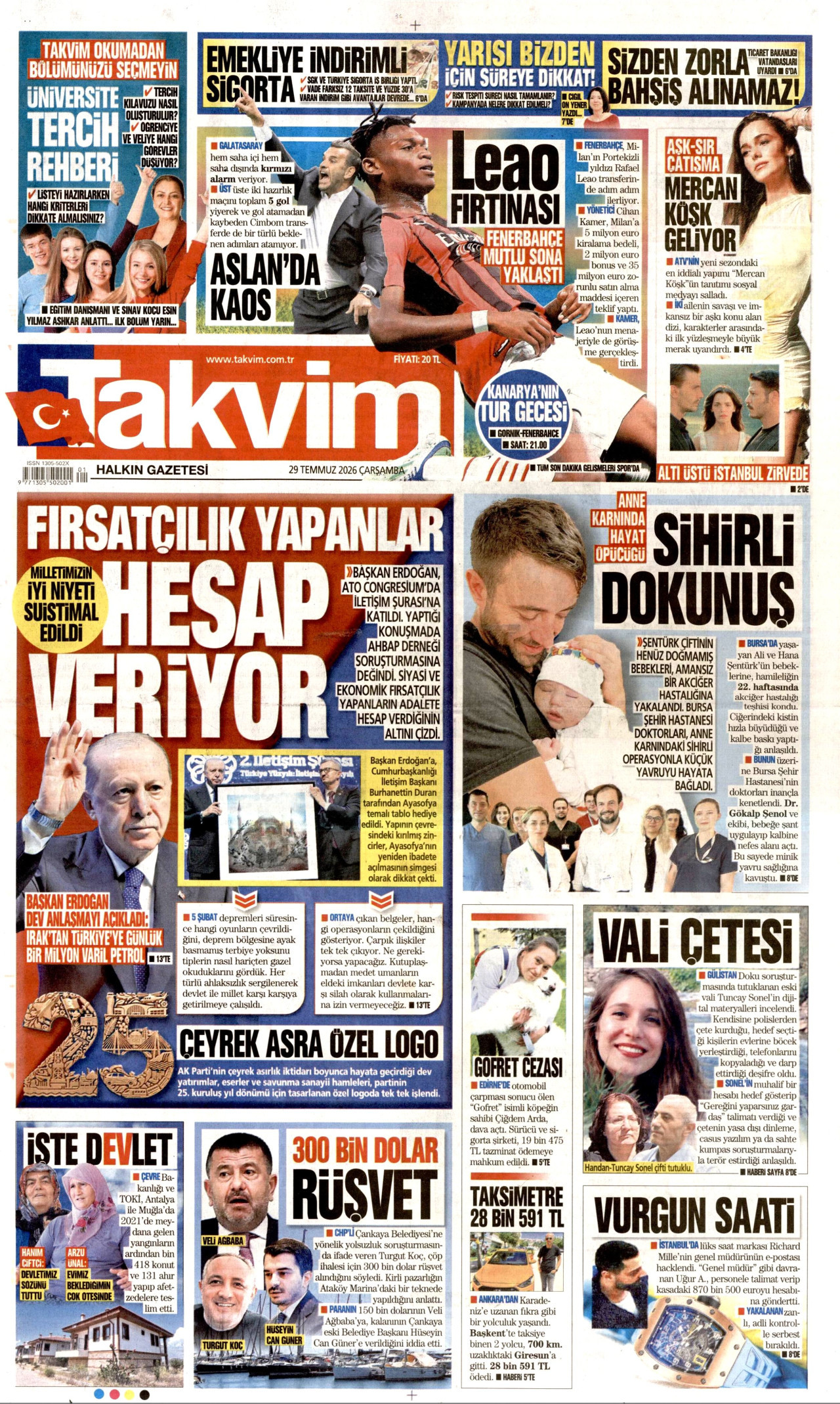TAKVİM gazetesinin 29 Temmuz 2026 tarihli birinci sayfası