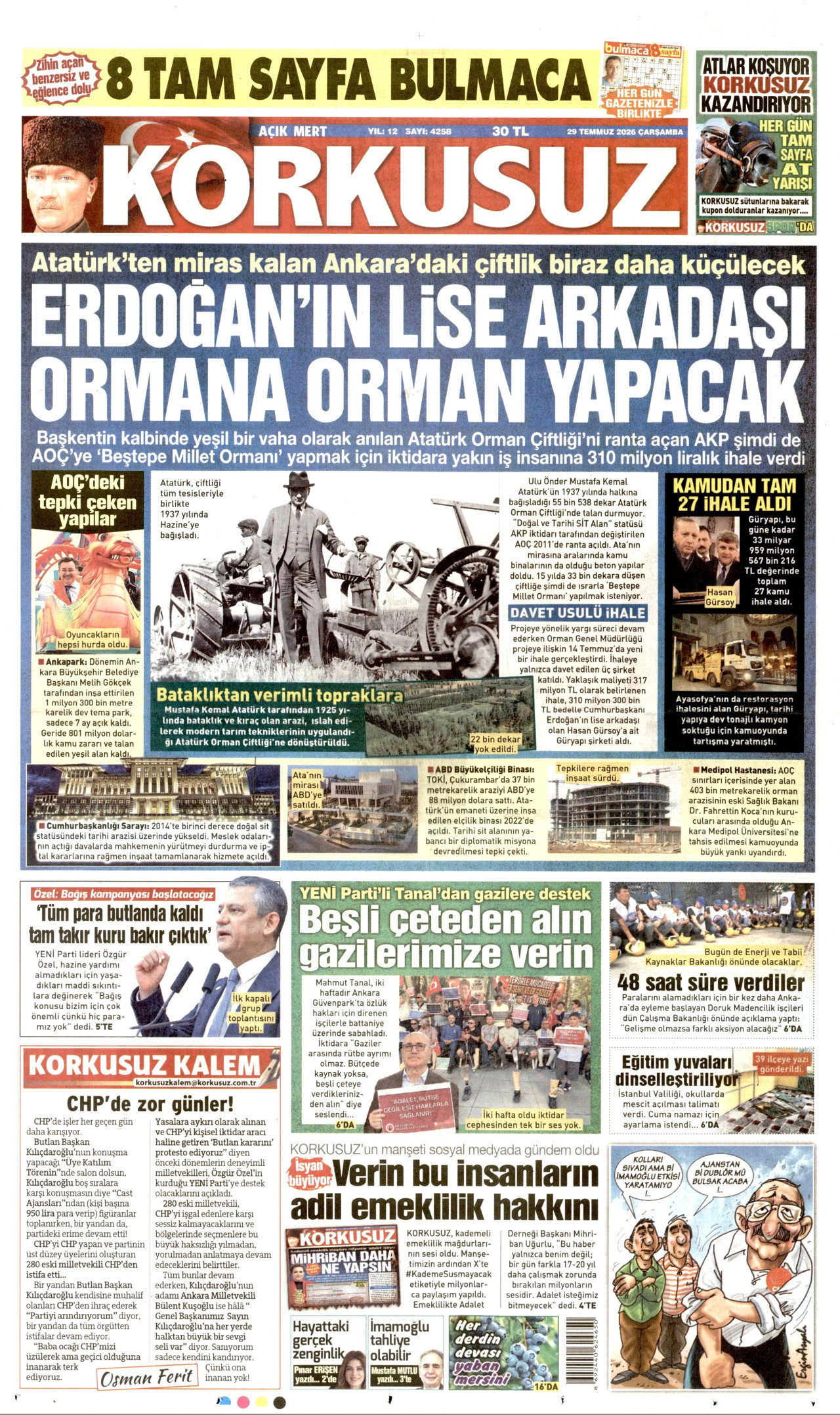 KORKUSUZ gazetesinin 29 Temmuz 2026 tarihli birinci sayfası