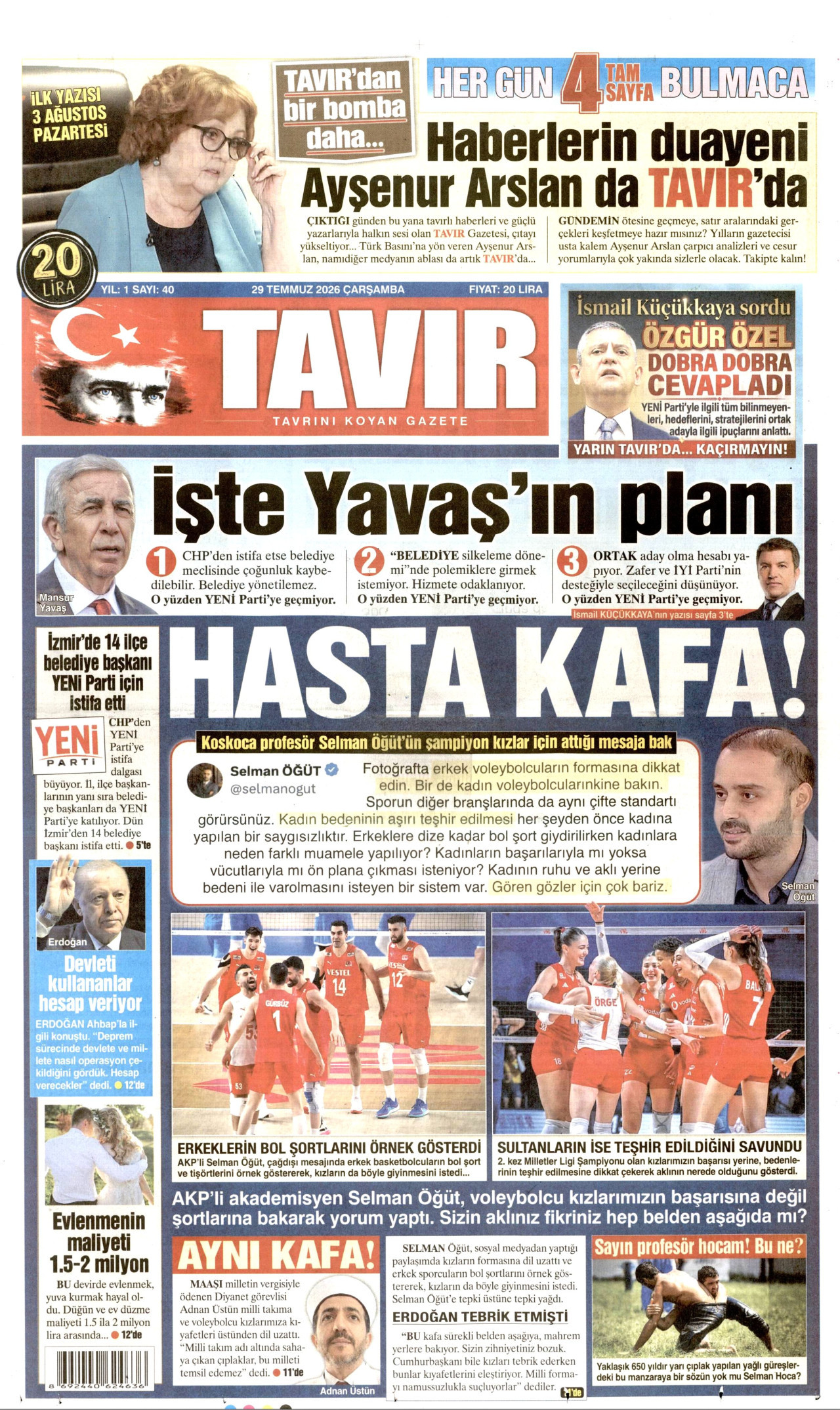 TAVIR GAZETESİ gazetesinin 29 Temmuz 2026 tarihli birinci sayfası