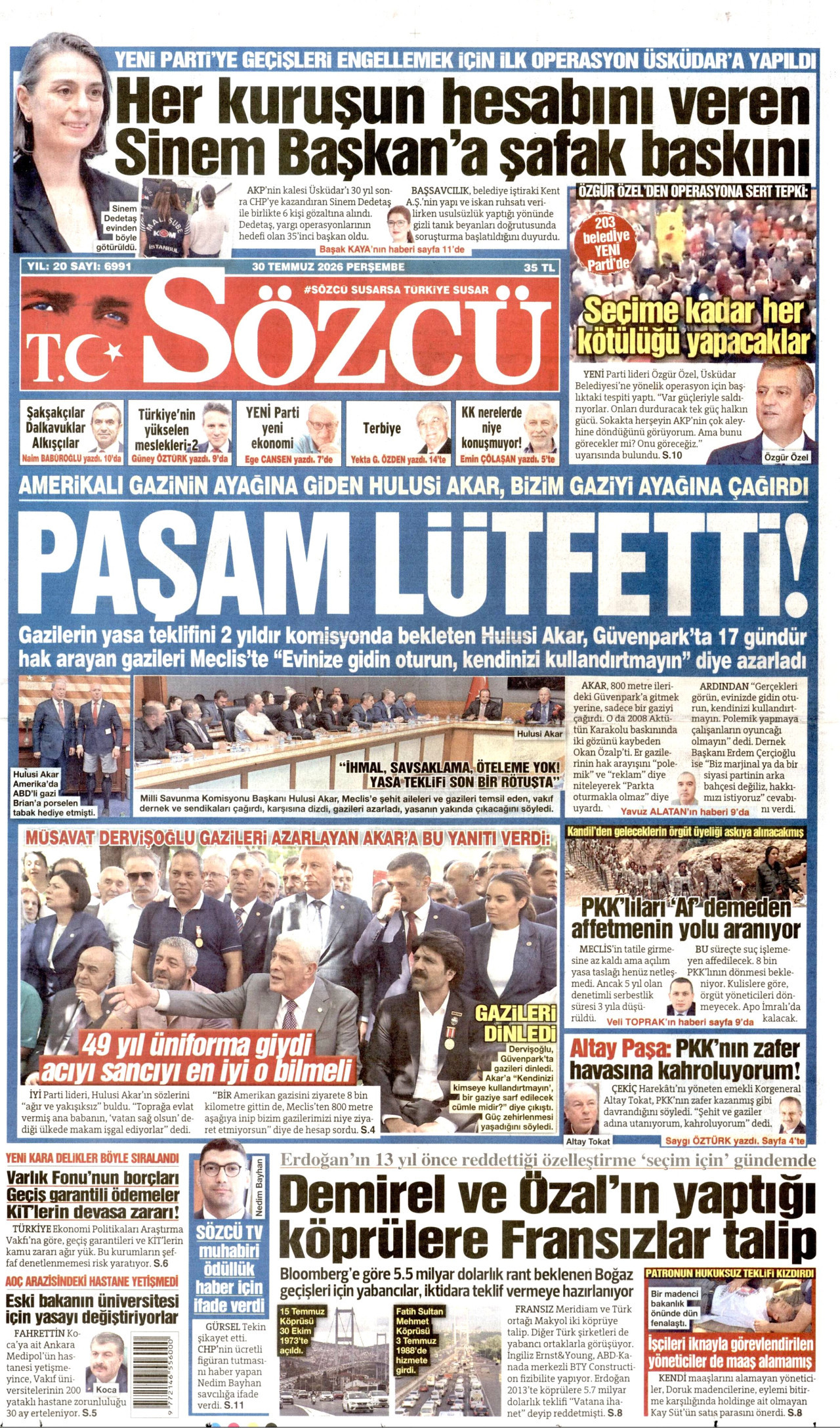 SÖZCÜ gazetesinin 30 Temmuz 2026 tarihli birinci sayfası