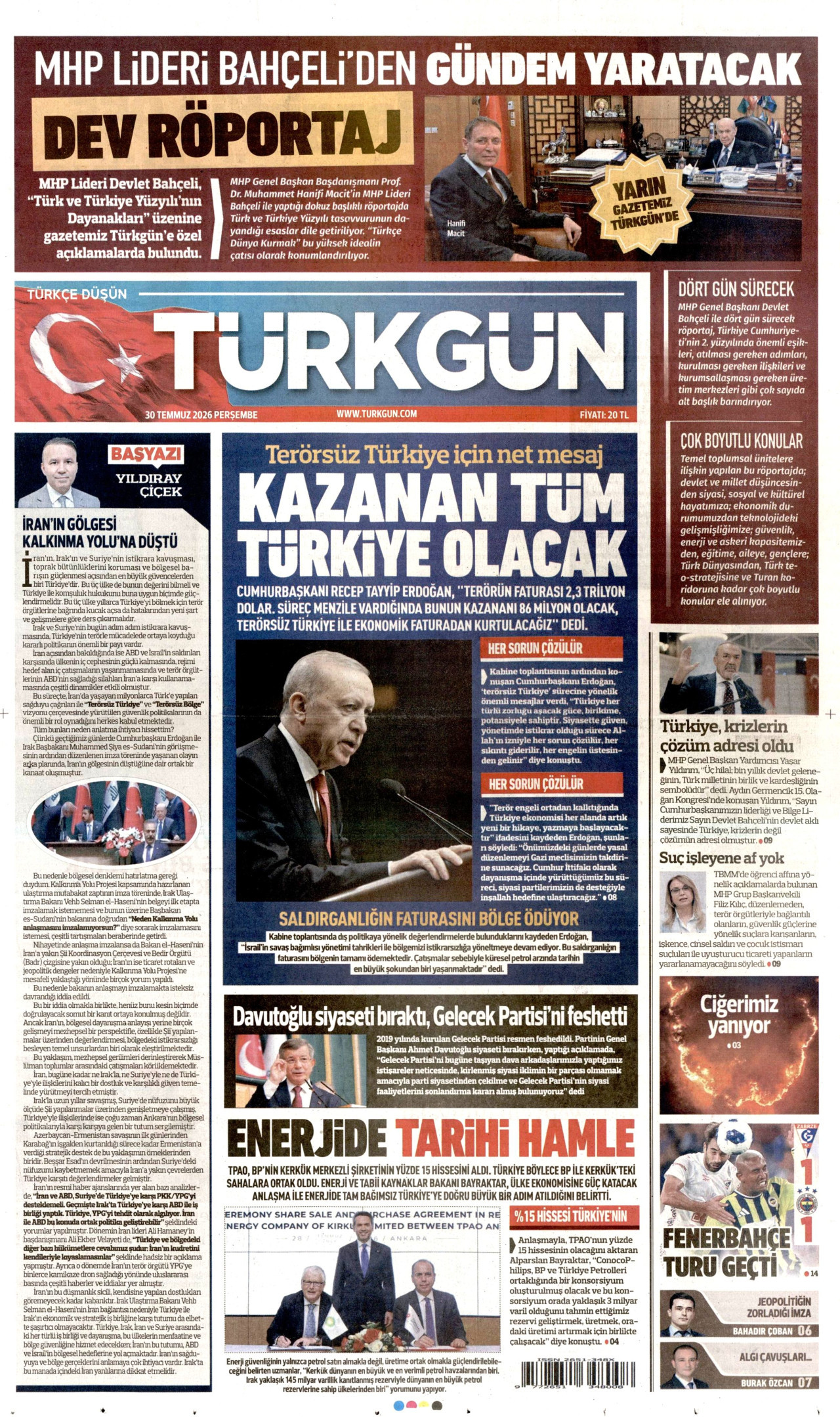 TÜRKGÜN gazetesinin 30 Temmuz 2026 tarihli birinci sayfası