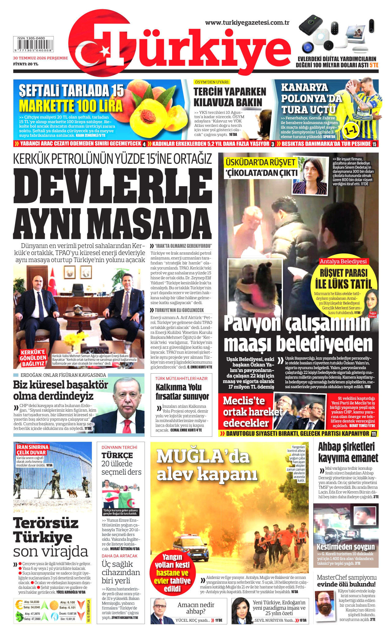 TÜRKİYE GAZETESİ gazetesinin 30 Temmuz 2026 tarihli birinci sayfası