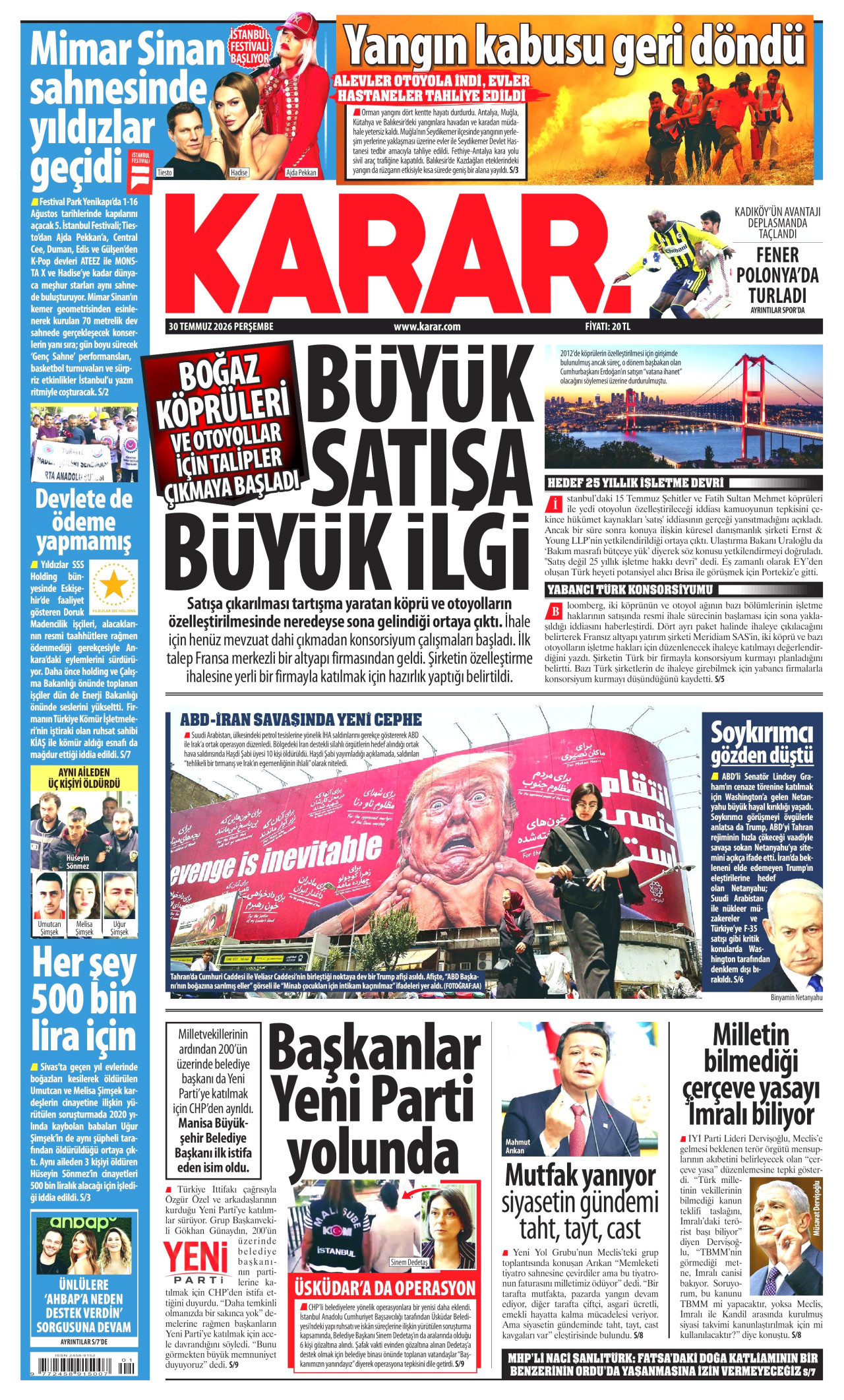 KARAR gazetesinin 30 Temmuz 2026 tarihli birinci sayfası