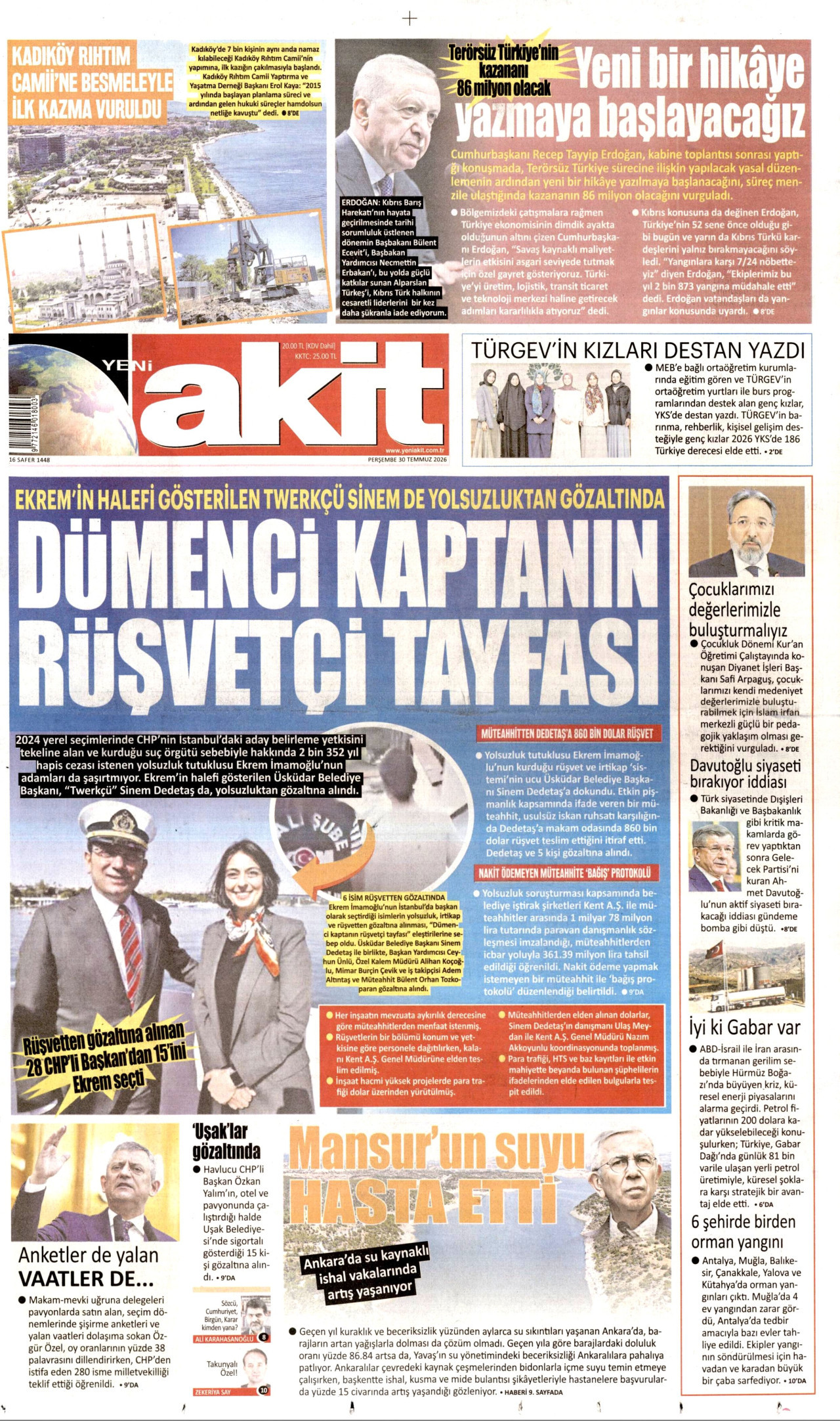 YENİ AKİT gazetesinin 30 Temmuz 2026 tarihli birinci sayfası