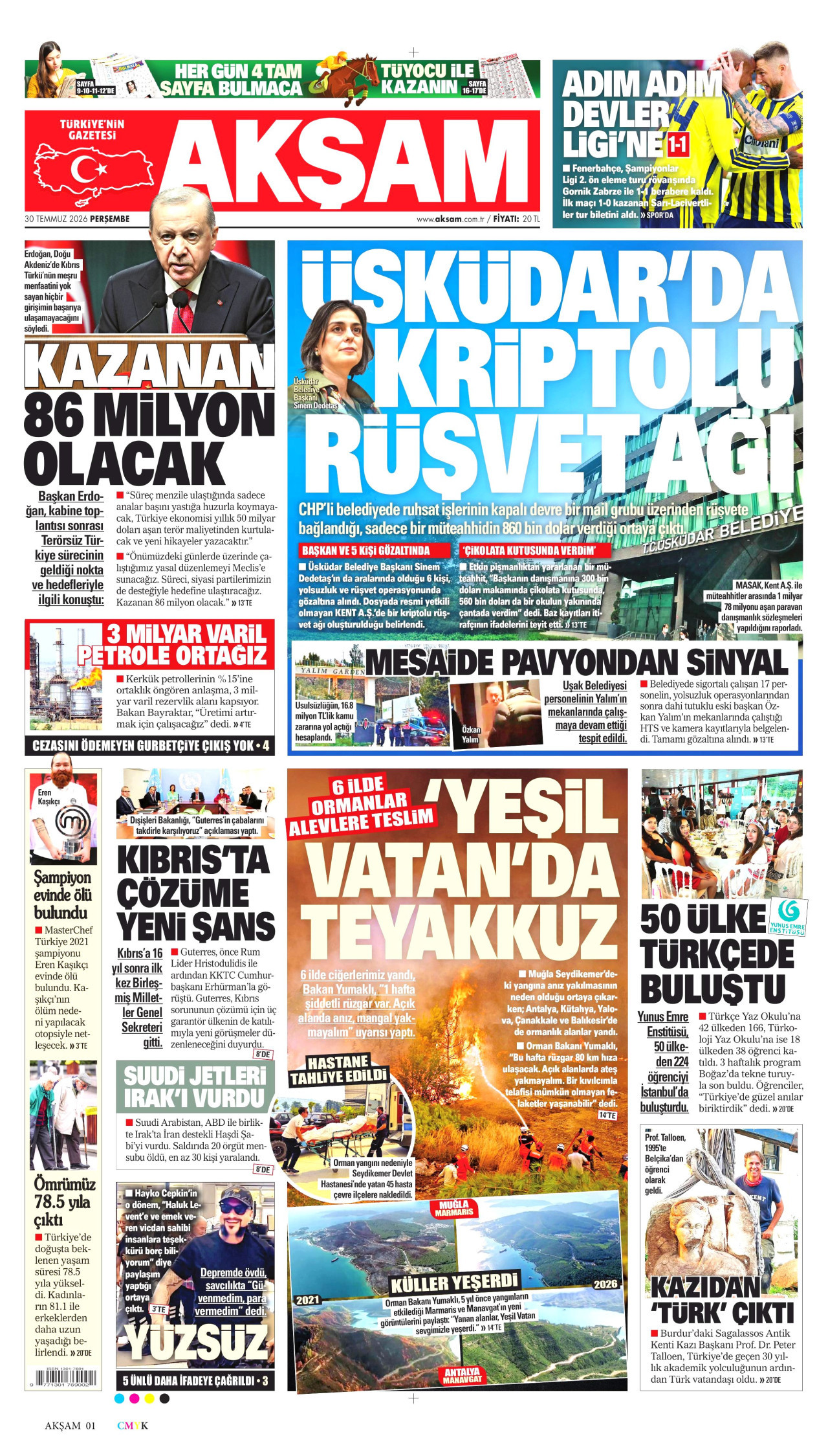 AKŞAM gazetesinin 30 Temmuz 2026 tarihli birinci sayfası