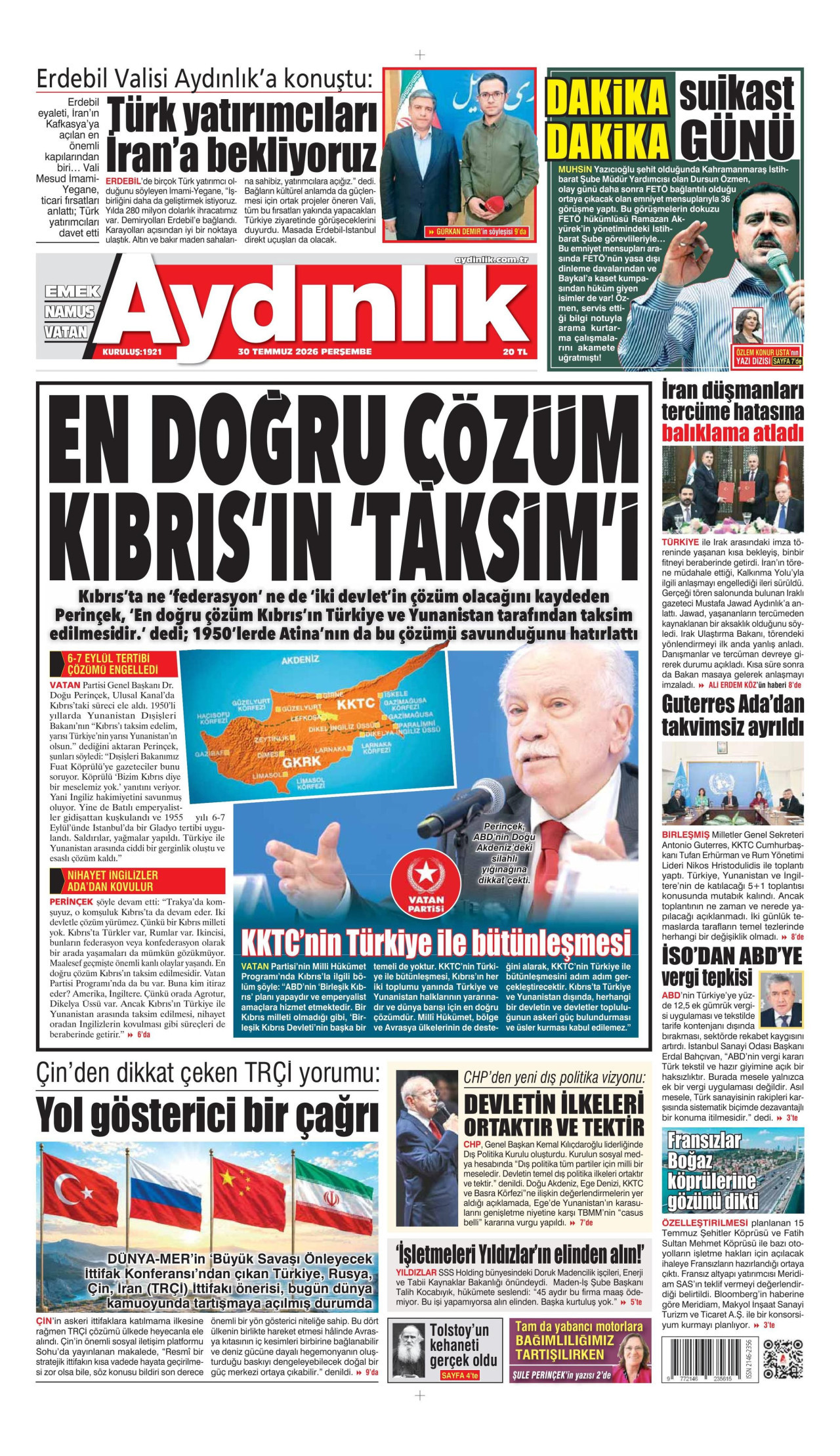 AYDINLIK GAZETESİ gazetesinin 30 Temmuz 2026 tarihli birinci sayfası