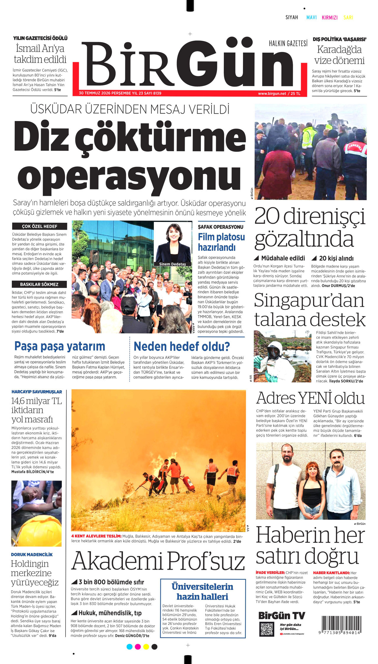 BİRGÜN gazetesinin 30 Temmuz 2026 tarihli birinci sayfası