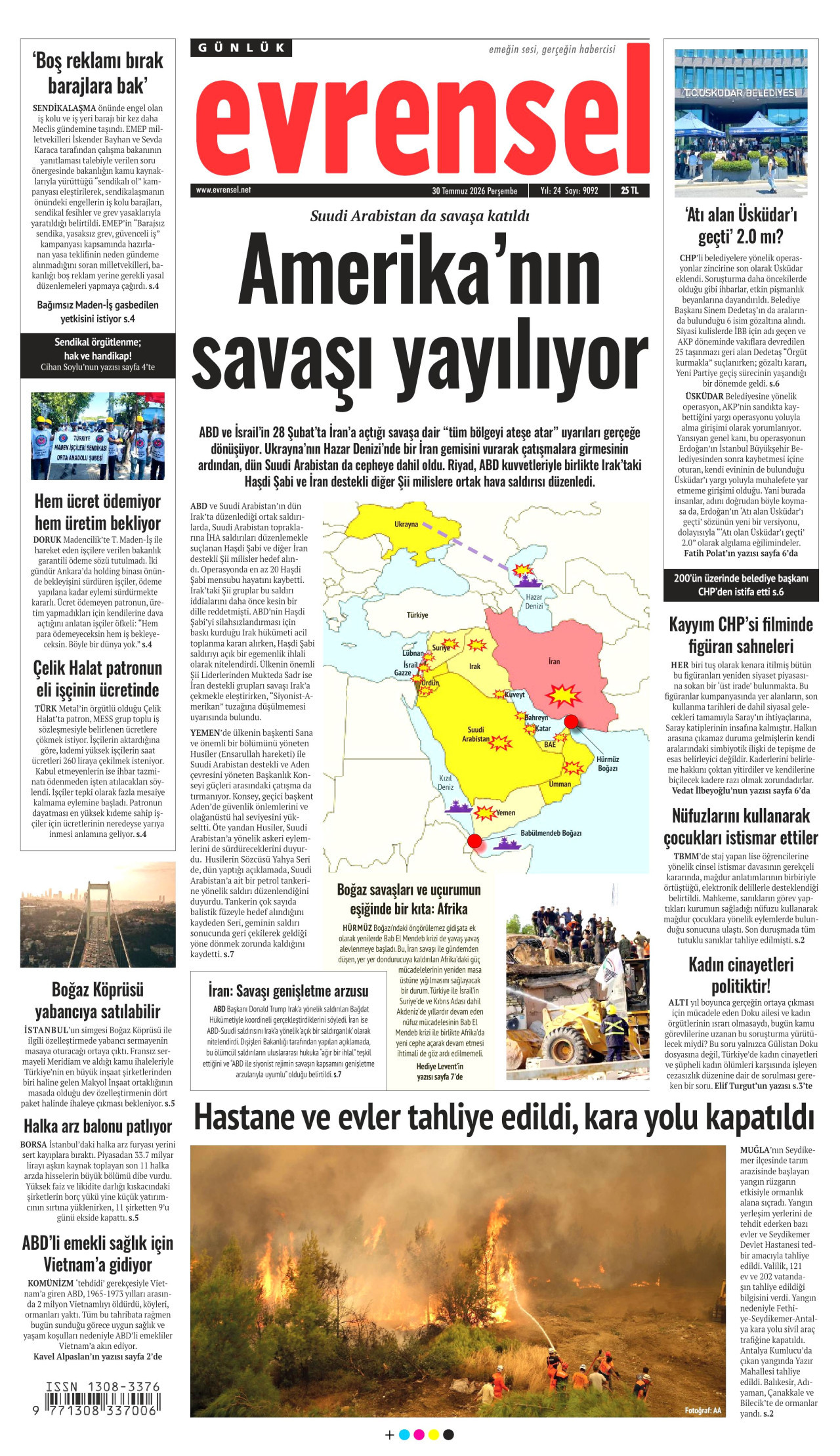 EVRENSEL gazetesinin 30 Temmuz 2026 tarihli birinci sayfası