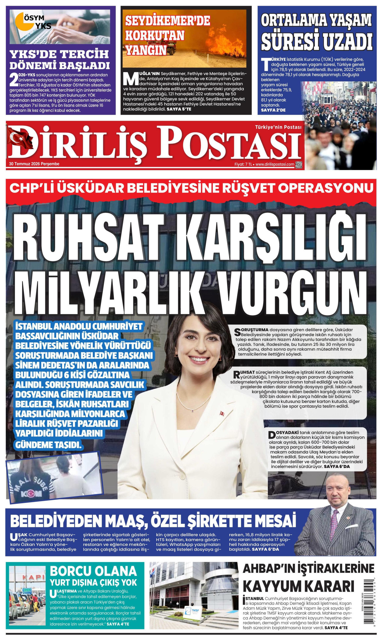 DİRİLİŞ POSTASI gazetesinin 30 Temmuz 2026 tarihli birinci sayfası